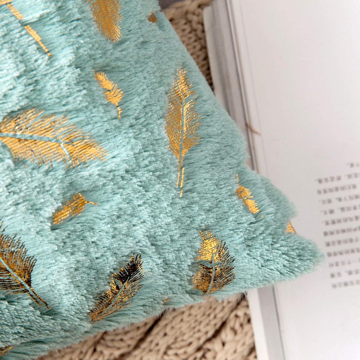 2x Square Throw Pillows Decorative Faux Fur Gold Feathers Gilding Leaves Cushion Cases Soft Fluffy(Inserts + Pillow Covers,Green)