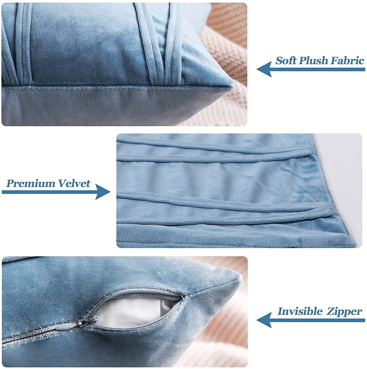 2x Velvet Throw Pillows for Couch Bed Sofa (Inserts + Pillow Covers, Light Blue)