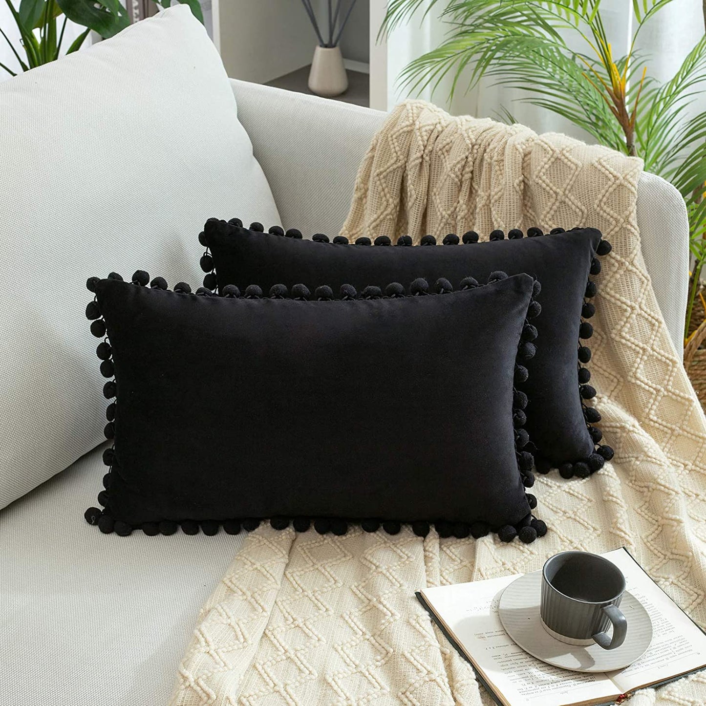 2x  Square Throw Pillows with Cute Pom-poms for Couch Sofa Bedroom Decor (Inserts + Pillow Covers,Black)