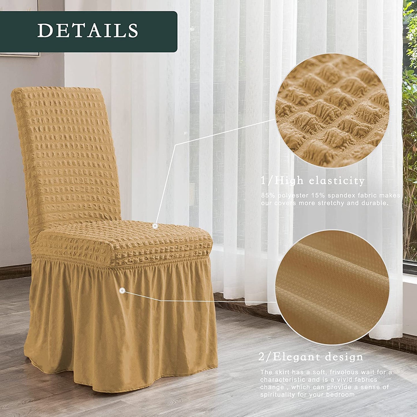 Stretchy Dining Room Chair Covers with Long Skirt, Suitable for families, parties, dirt resistant ,Set of 2/4/6/8 PCS,Yellow