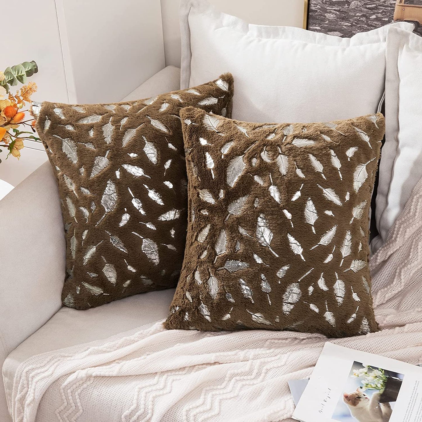 2x Square Throw Pillows Decorative Faux Fur Silver Feathers Silver Leaves Cushion Cases Soft Fluffy(Inserts + Pillow Covers, Brown)
