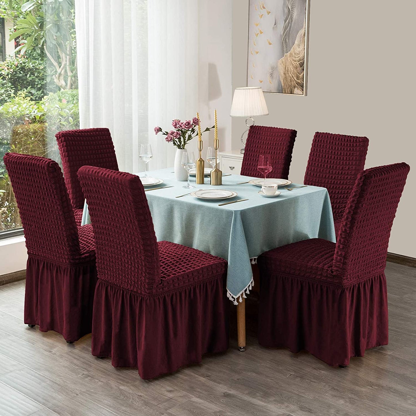 Stretchy Dining Room Chair Covers with Long Skirt, Suitable for families, parties, dirt resistant ,Set of 2/4/6/8 PCS,Wine