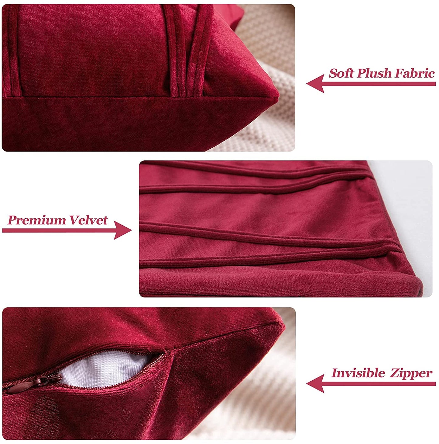 2x Velvet Throw Pillows for Couch Bed Sofa (Inserts + Pillow Covers,  Wine Red)