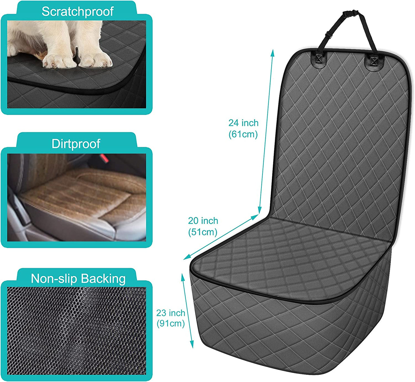 Pet Front Seat Cover, Waterproof Heavy Duty Front Dog Seat Cover with Anchors, Nonslip Net Backing & Scratchproof Dog Car Seat Cover, Black/Grey