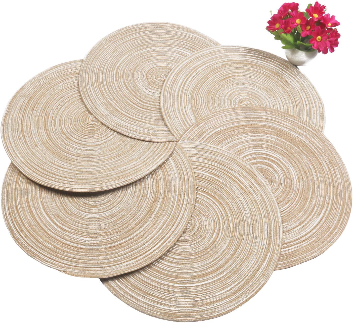 Round Placemats Set of 4/6/8 for Dining Tables 14 inch Cotton Braided Placemats Washable Reversible for Kitchen Holiday Party(Beige）