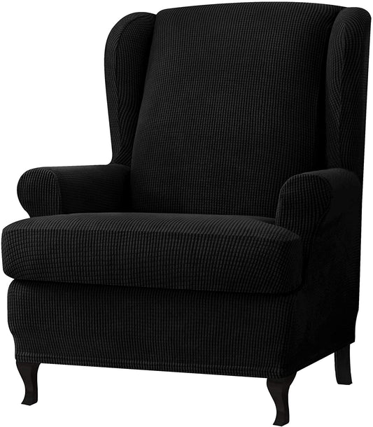 Stretch Wing Chair Sofa Slipcover 2-Piece with Elastic Bottom, Black