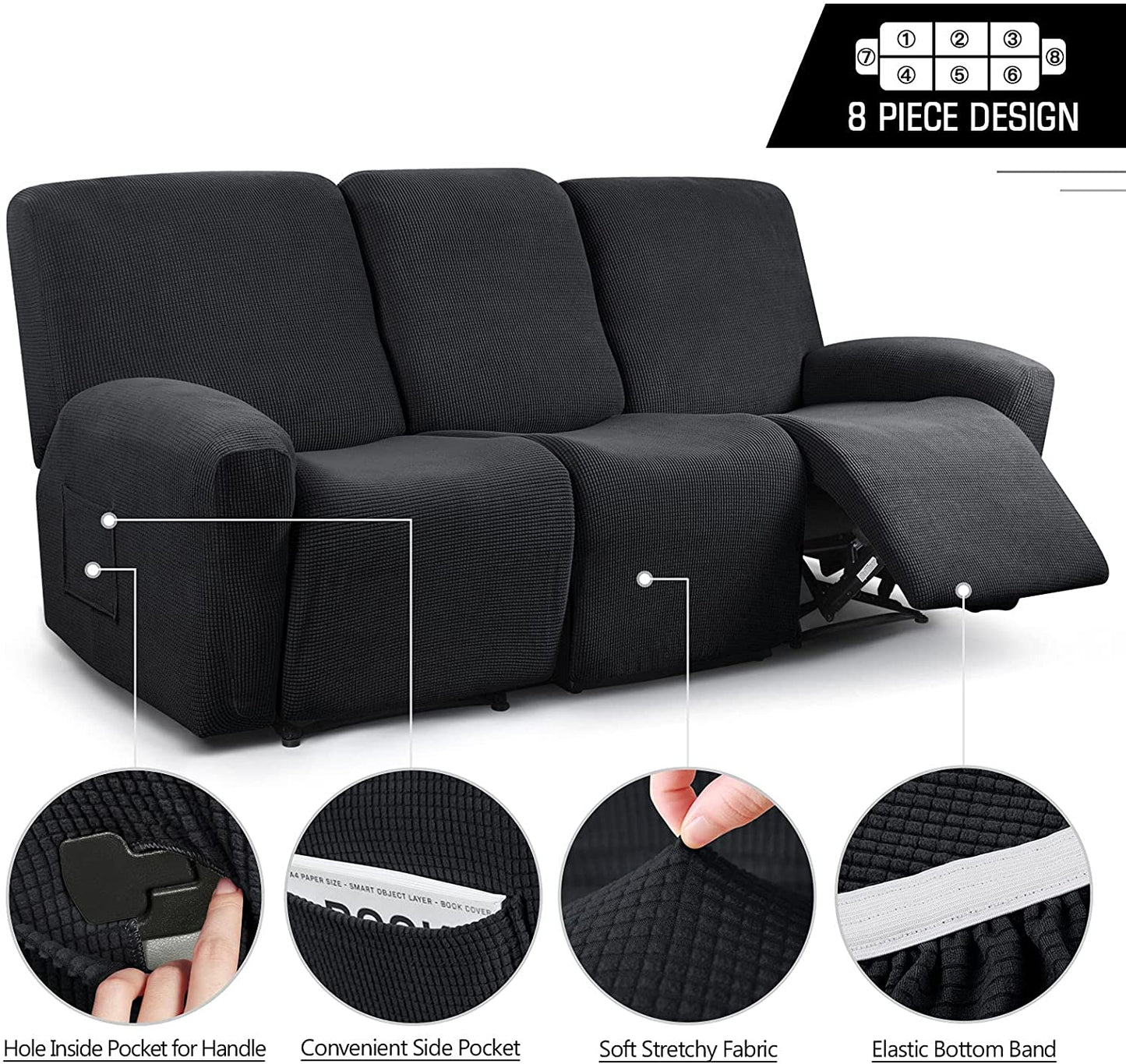 Recliner Sofa Covers Stretch for 1/2/3 Seats Jacquard Pattern Furniture Protector, Black