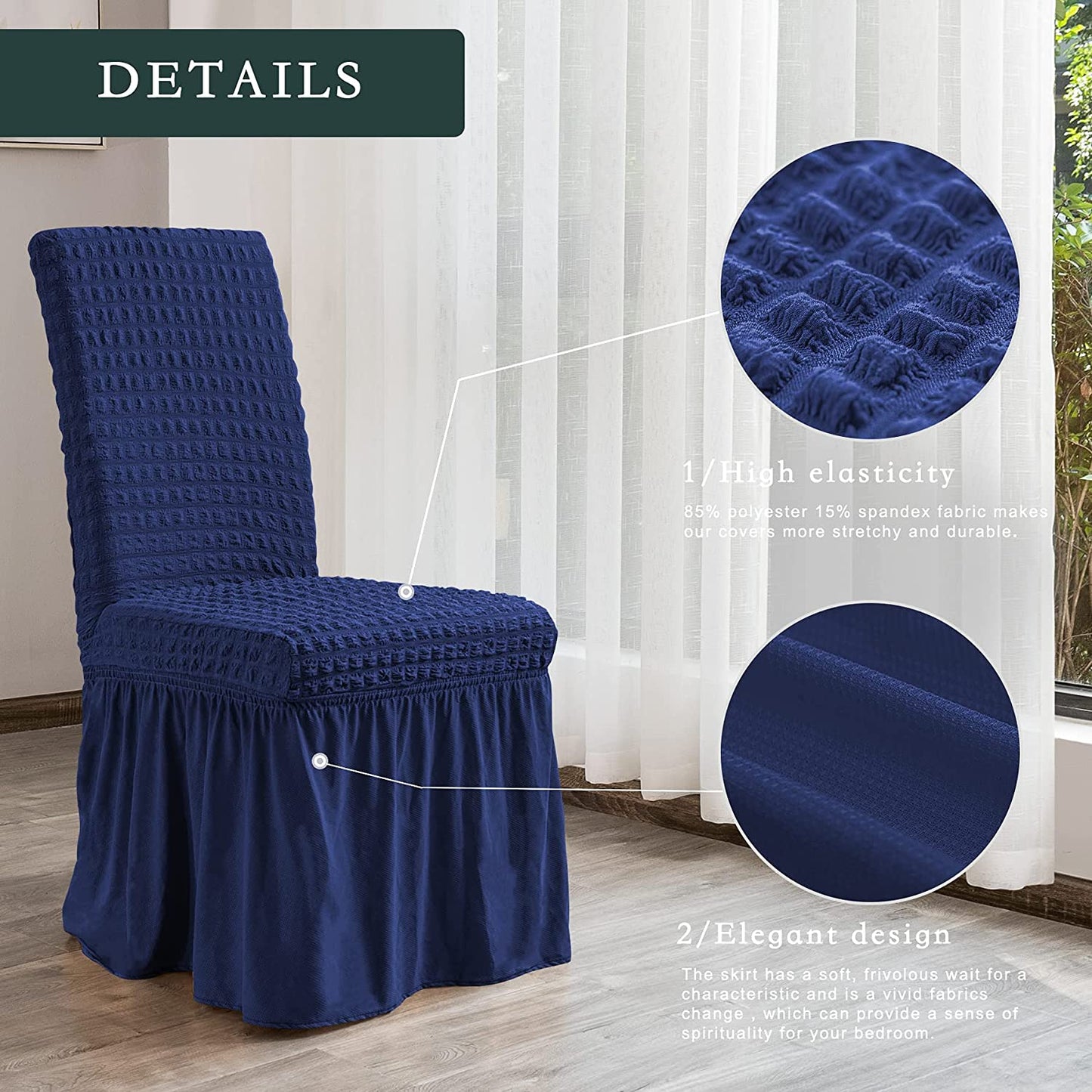 Stretchy Dining Room Chair Covers with Long Skirt, Suitable for families, parties, dirt resistant ,Set of 2/4/6/8 PCS,Navy