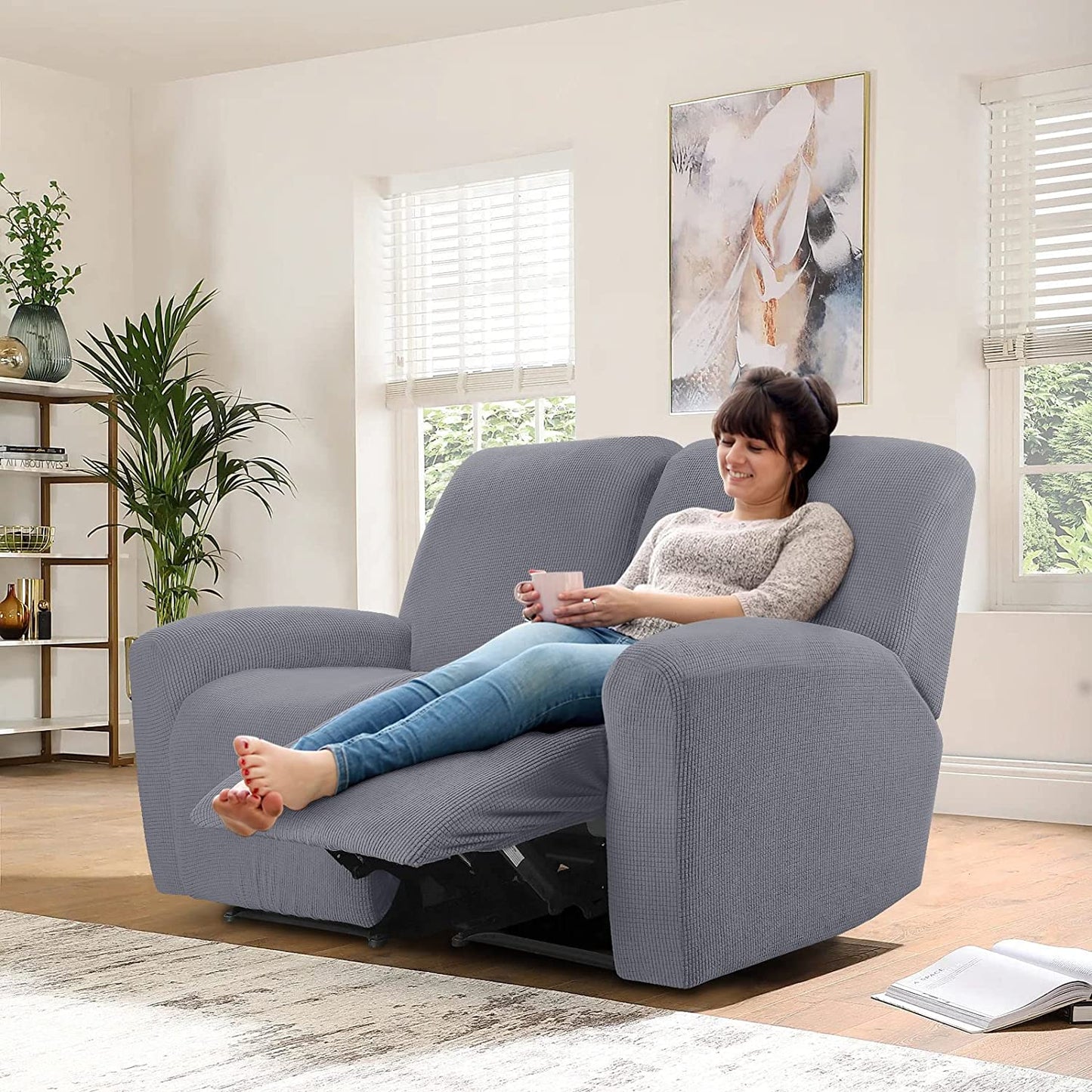 Recliner Sofa Covers Stretch for 1/2/3 Seats Jacquard Pattern Furniture Protector, Light Grey