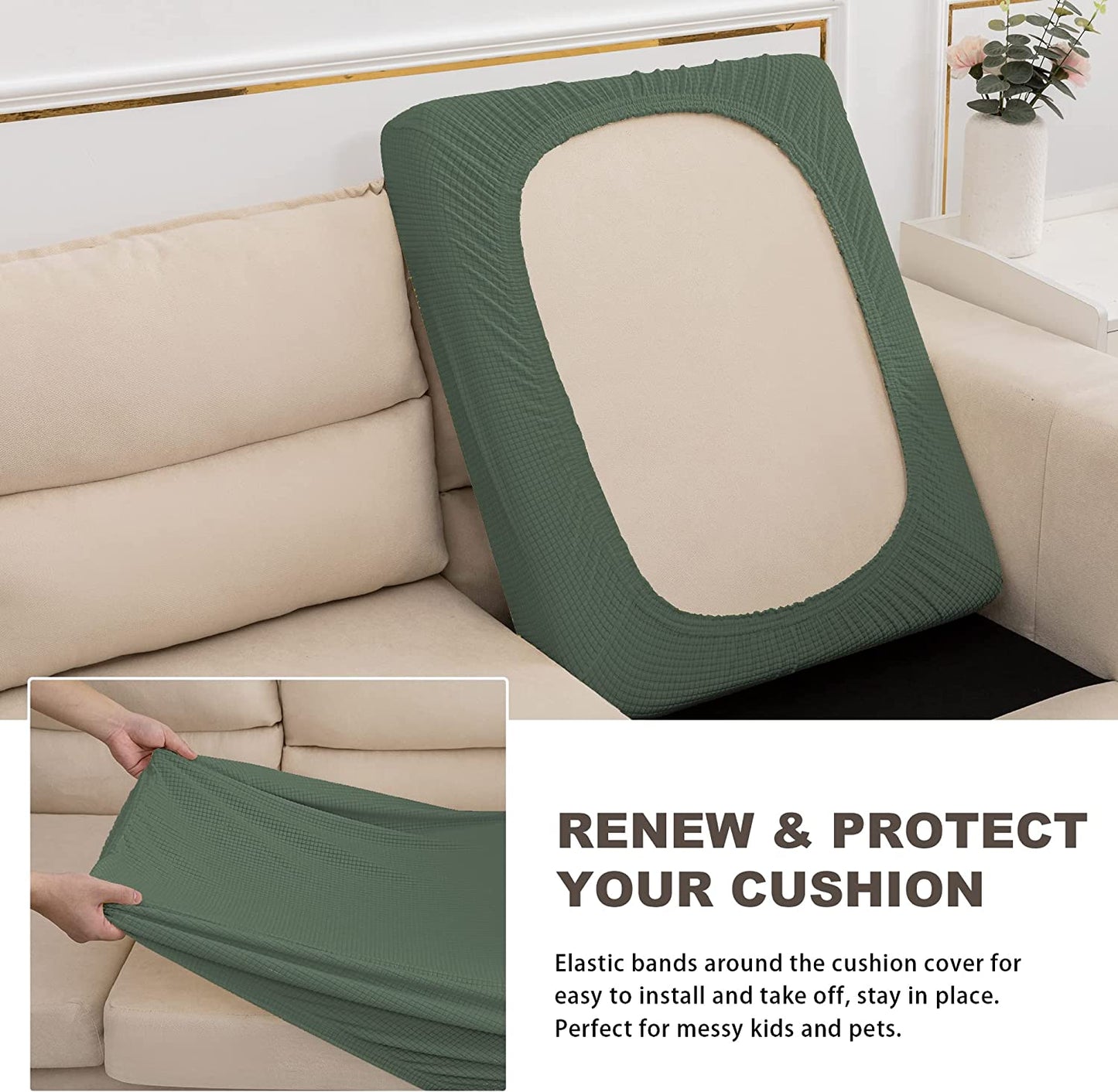 Water Repellent Sofa Couch Cushion Covers Sofa Seat Slipcover Suitable for 1/2/3 Setaer Furniture Protector, Non Slip Small Checks, Sage