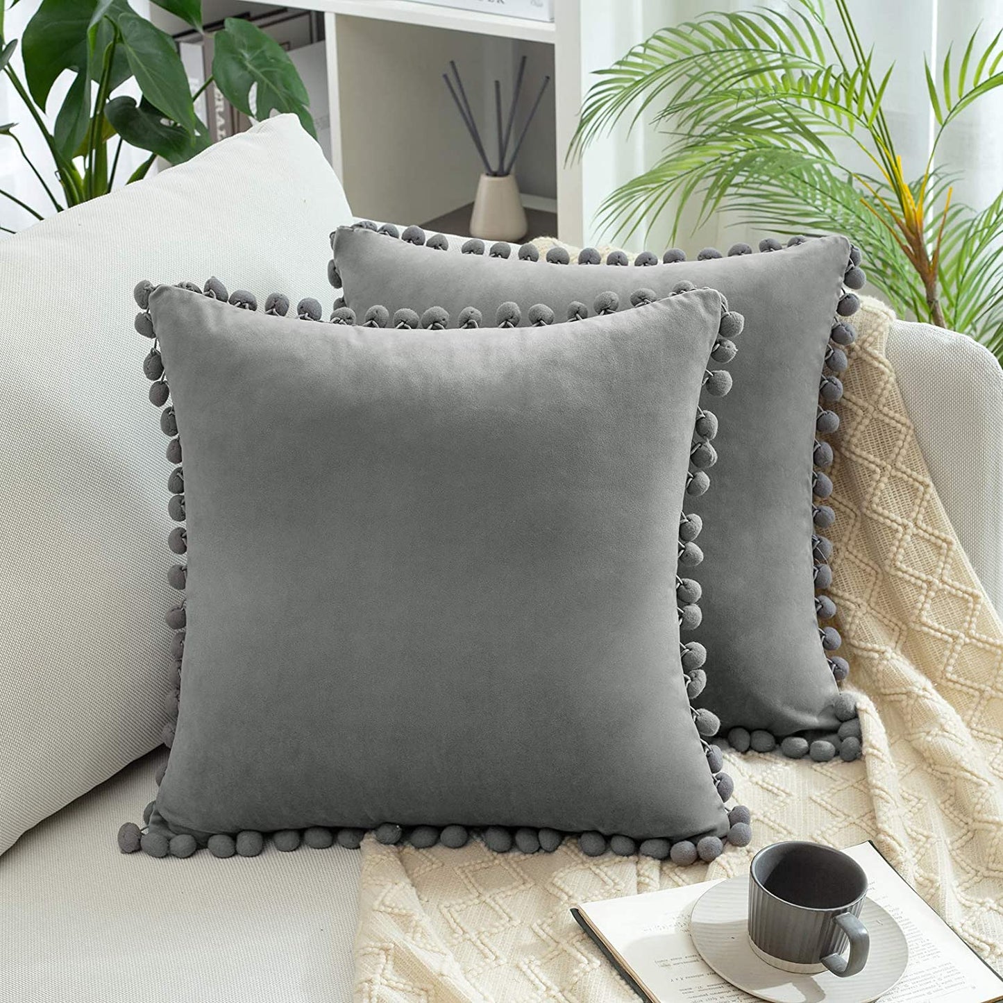 2x  Square Throw Pillows with Cute Pom-poms for Couch Sofa Bedroom Decor (Inserts + Pillow Covers, Grey)