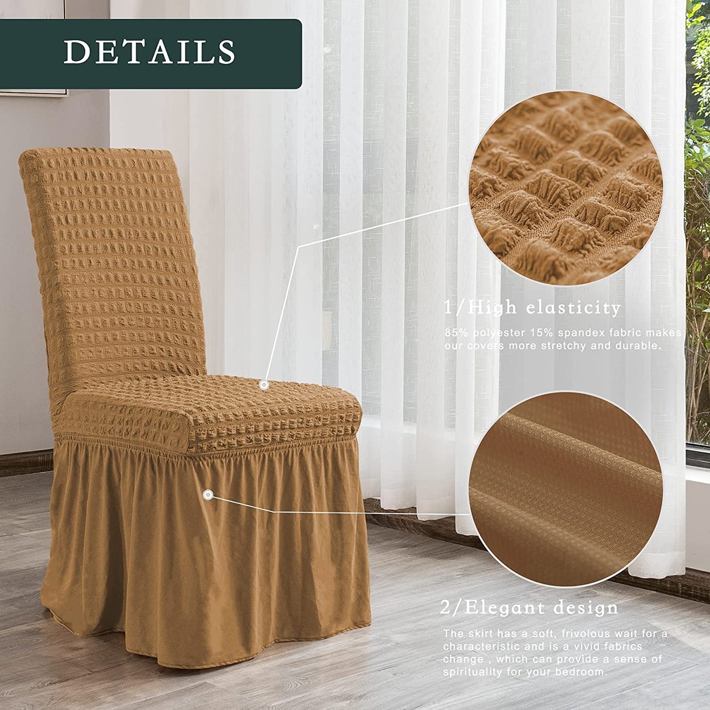Stretchy Dining Room Chair Covers with Long Skirt, Suitable for families, parties, dirt resistant ,Set of 2/4/6/8 PCS,Almond