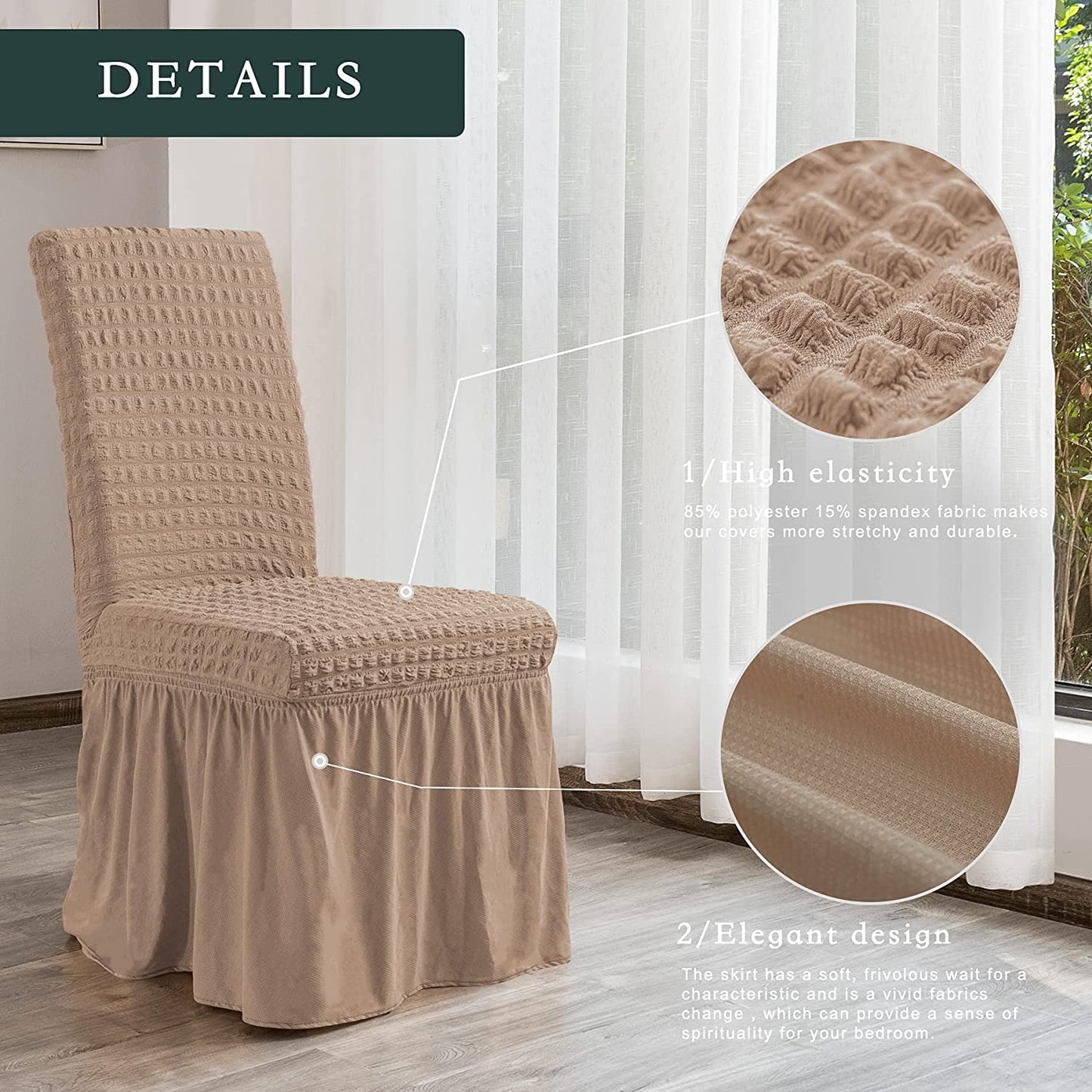 Stretchy Dining Room Chair Covers with Long Skirt, Suitable for families, parties, dirt resistant ,Set of 2/4/6/8 PCS,Oatmeal