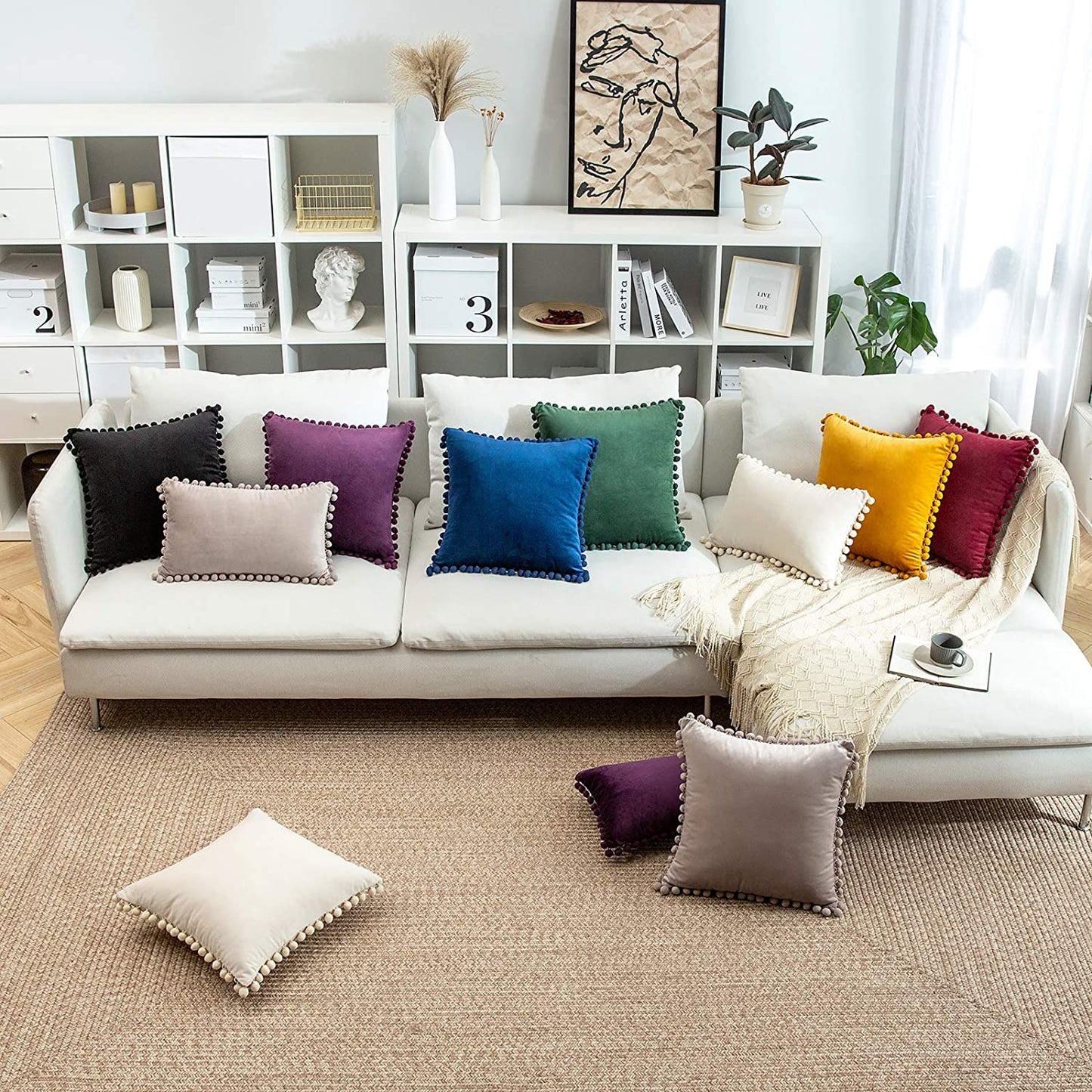 2x  Square Throw Pillows with Cute Pom-poms for Couch Sofa Bedroom Decor (Inserts + Pillow Covers,  White)