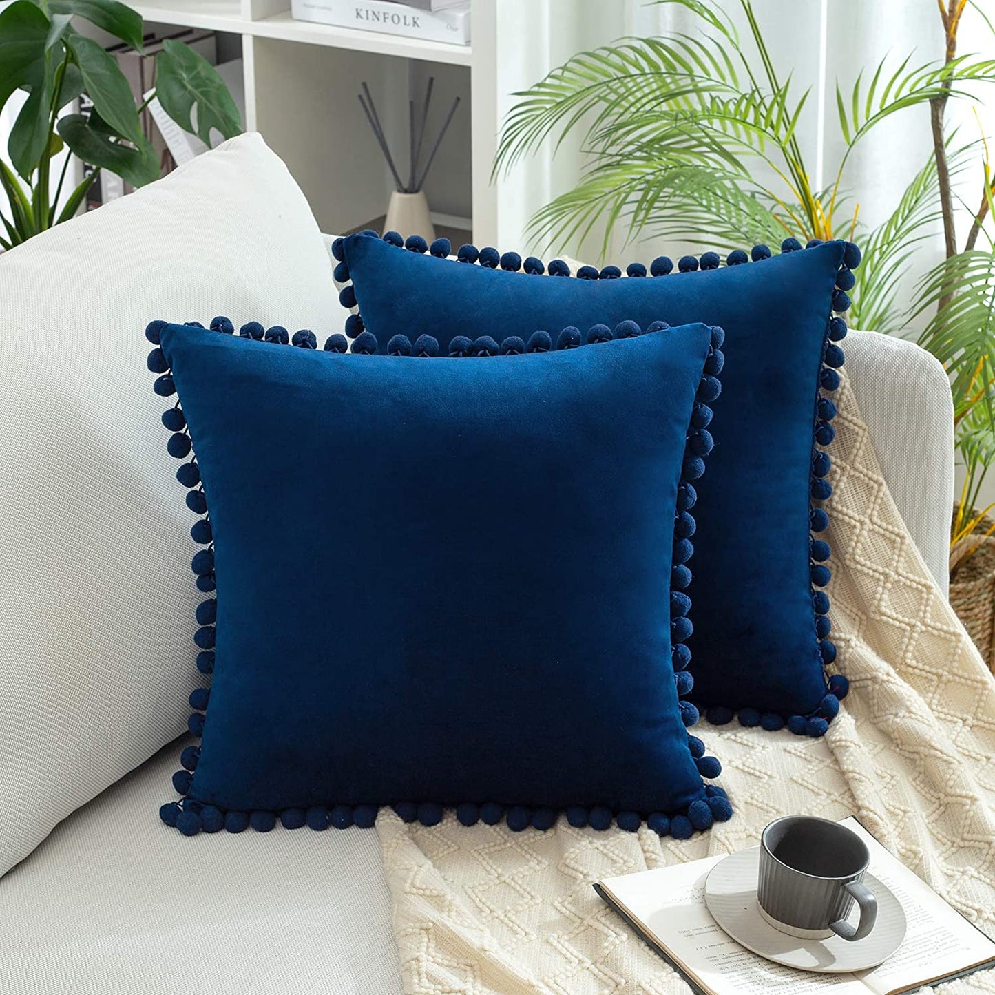 2x  Square Throw Pillows with Cute Pom-poms for Couch Sofa Bedroom Decor (Inserts + Pillow Covers, Navy)