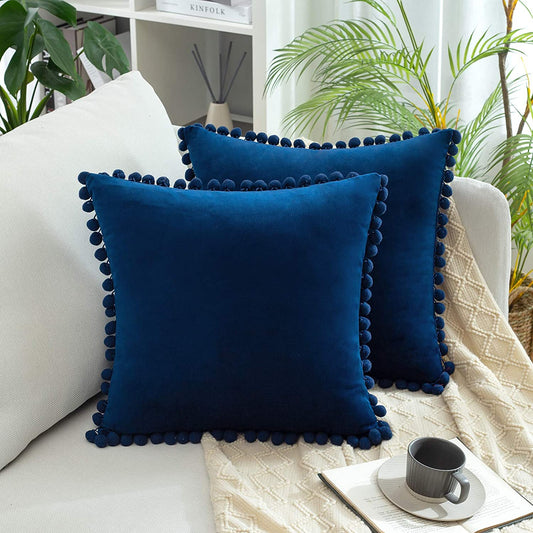 2x  Square Throw Pillows with Cute Pom-poms for Couch Sofa Bedroom Decor (Inserts + Pillow Covers, Navy)