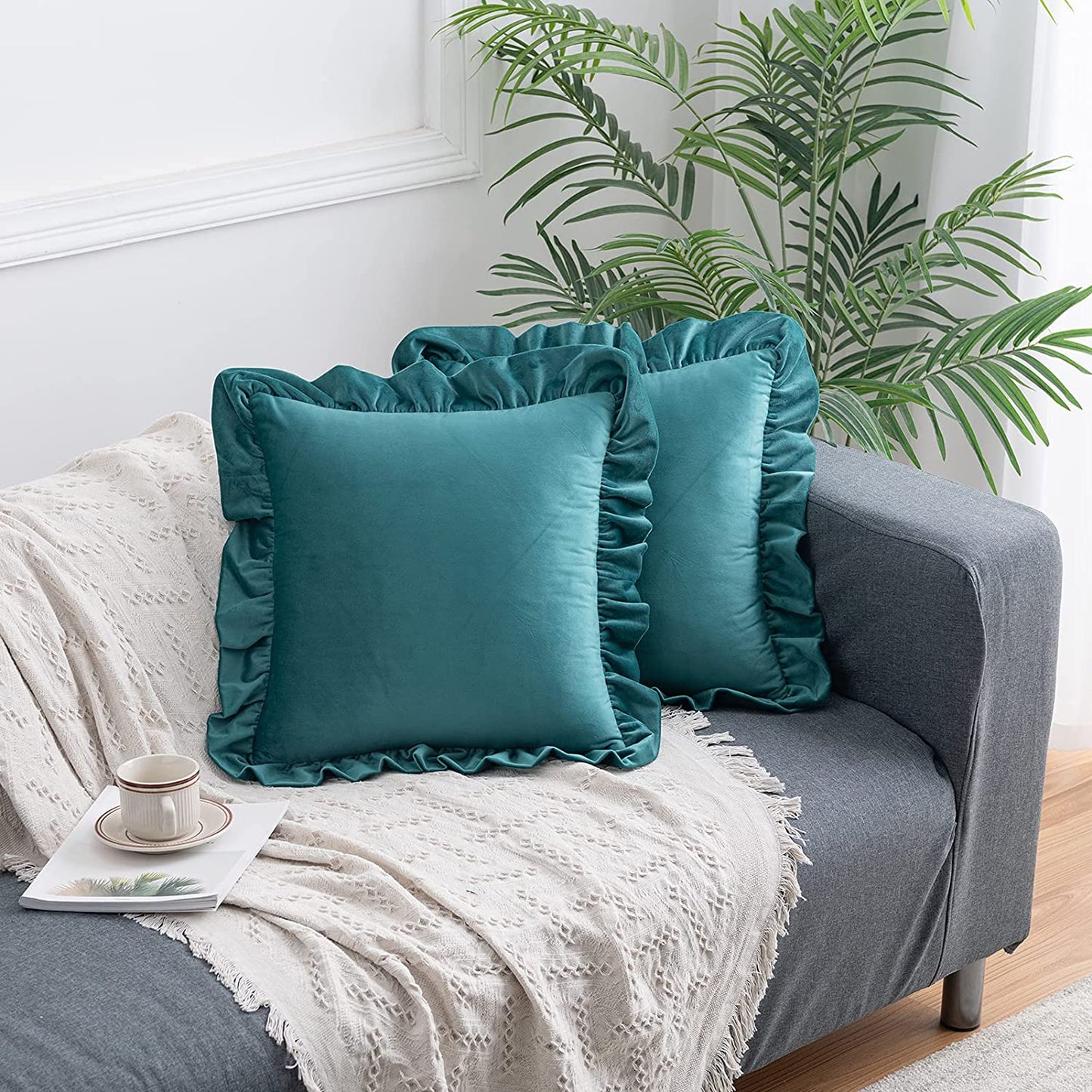 Pack of 2 Velvet Throw Pillow Covers with Ruffle, for Couch Sofa Living Room Decor(Inserts + Pillow Covers)- Teal