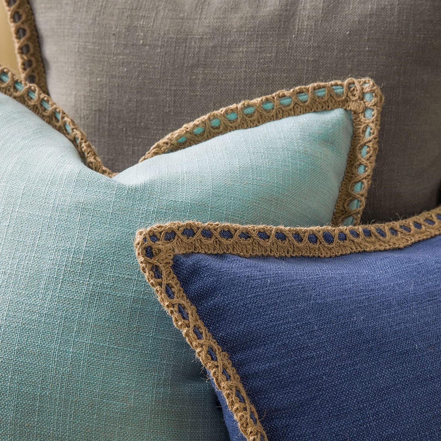 Pack of 2 Farmhouse Decorative Throw Pillow Covers Burlap Linen Trimmed Tailored Edges ,for Couch Sofa Living Room Decor - Navy
