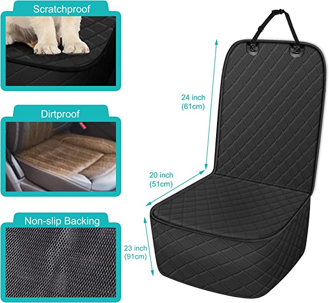 Pet Front Seat Cover, Waterproof Heavy Duty Front Dog Seat Cover with Anchors, Nonslip Net Backing & Scratchproof Dog Car Seat Cover, Black
