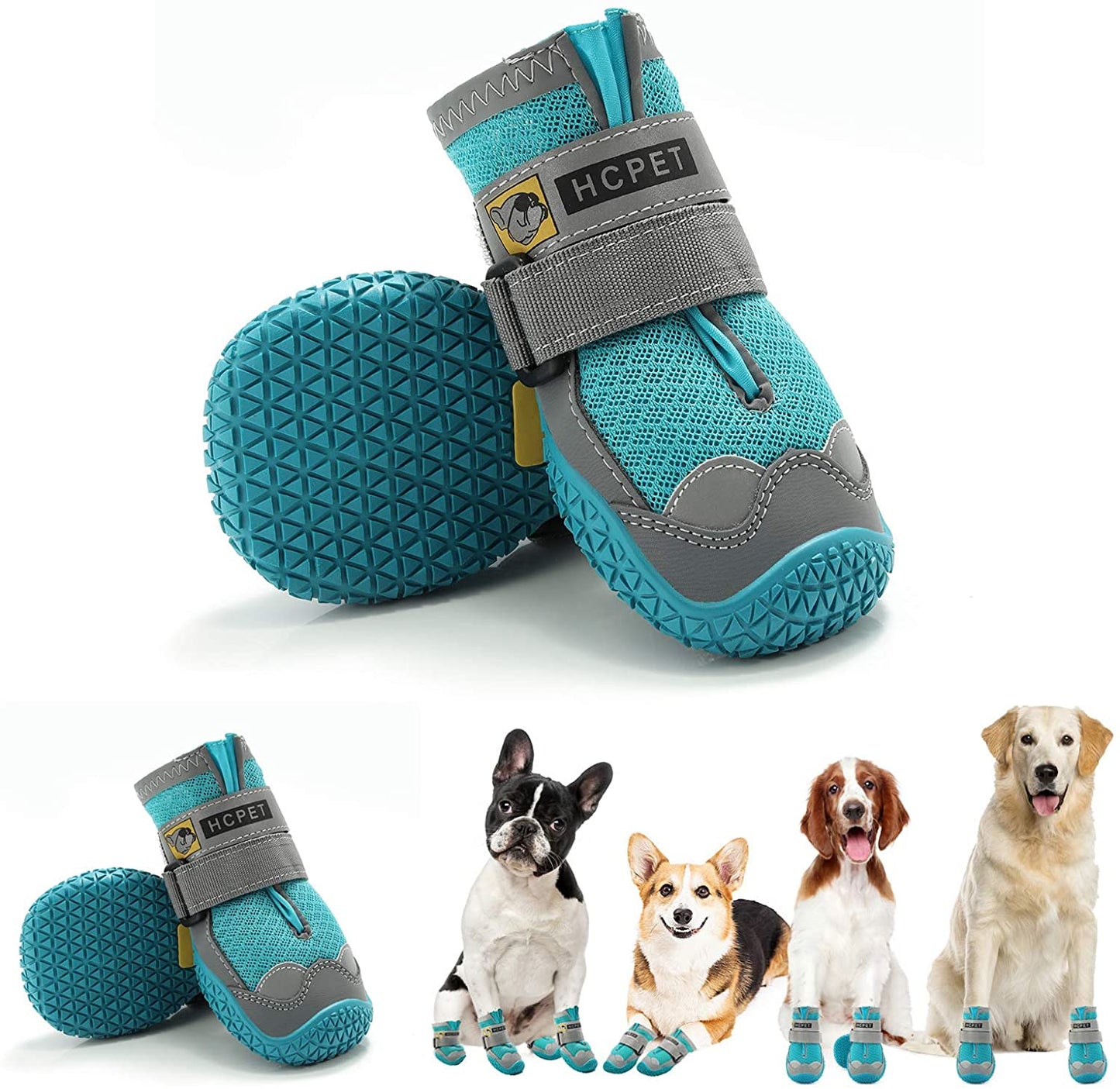 Dog Boots Breathable Dog Shoes for Small Medium Large Dogs, Anti-Slip Puppy Booties Paw Protector with Reflective Straps 4Pcs, Lake Blue