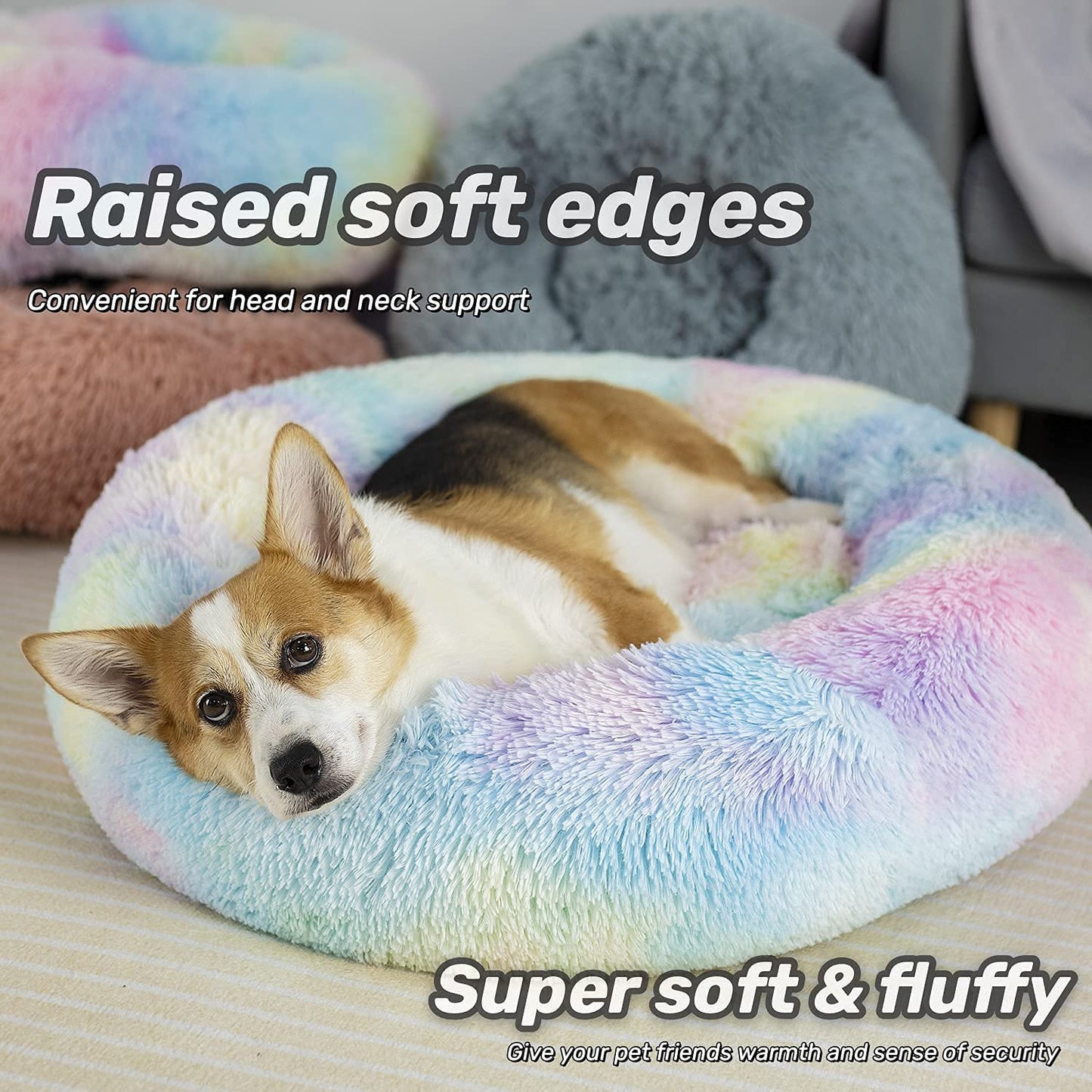 Anti Anxiety Round Fluffy Plush Faux Fur Warm Washable Dog Bed & Cat Bed, Original Bed for Small Medium Large Pets, Rainbow Color