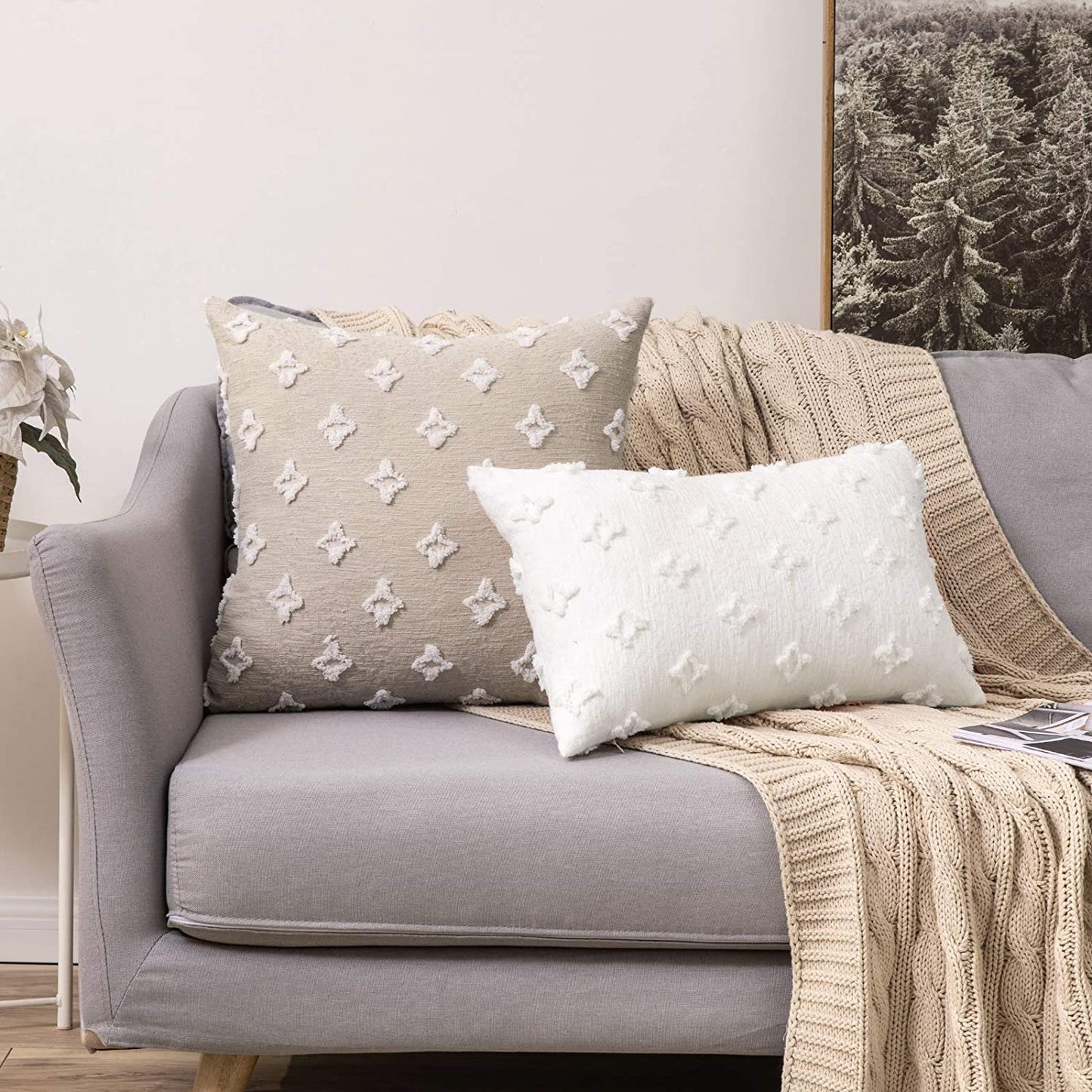 Velvet Throw Pillow Diamond Jacquard Soft Couch Pillows Set of 2 (Inserts + Pillow Covers, Beige)