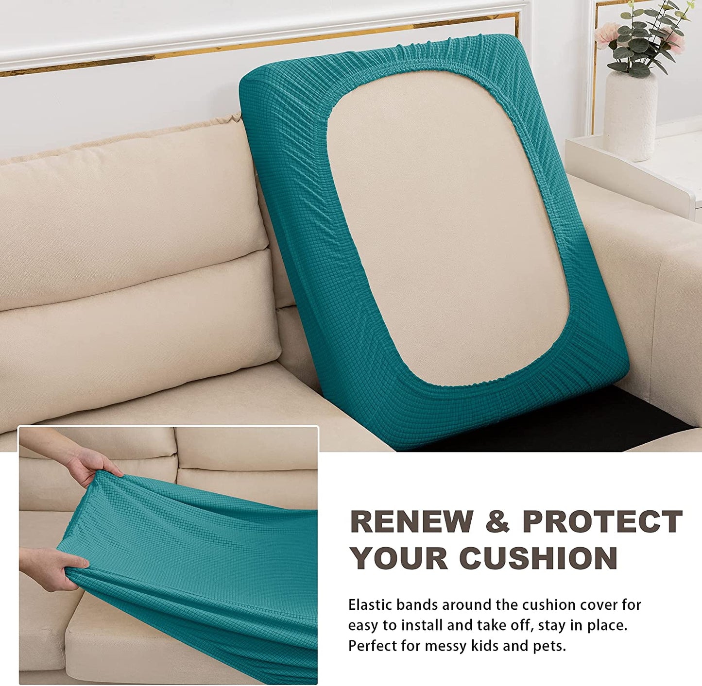 Water Repellent Sofa Couch Cushion Covers Sofa Seat Slipcover Suitable for 1/2/3 Setaer Furniture Protector, Non Slip Small Checks, Dark Teal
