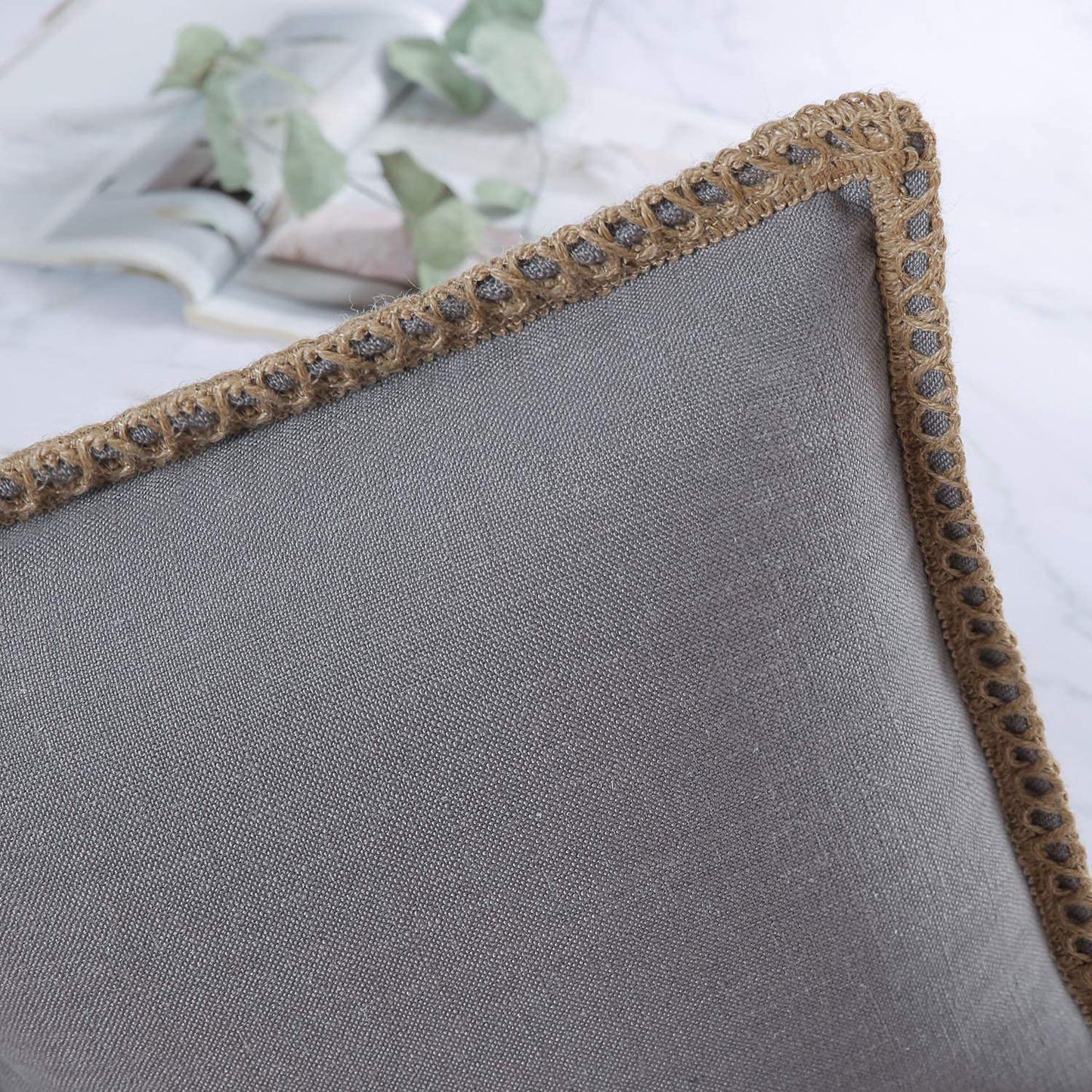 Pack of 2 Farmhouse Decorative Throw Pillow Covers Burlap Linen Trimmed Tailored Edges ,for Couch Sofa Living Room Decor - Grey