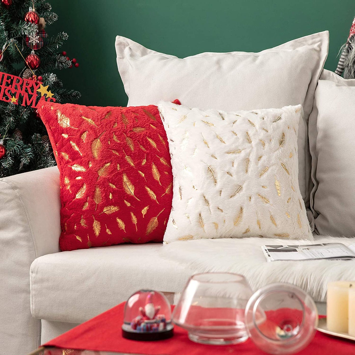 2x Square Throw Pillows Decorative Faux Fur Gold Feathers Gilding Leaves Cushion Cases Soft Fluffy(Inserts + Pillow Covers,White)