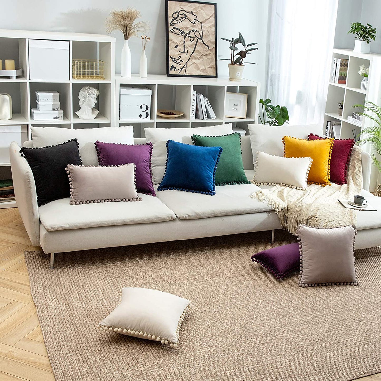 2x  Square Throw Pillows with Cute Pom-pom for Couch Sofa Bedroom Decor (Inserts + Pillow Covers,  Purple)