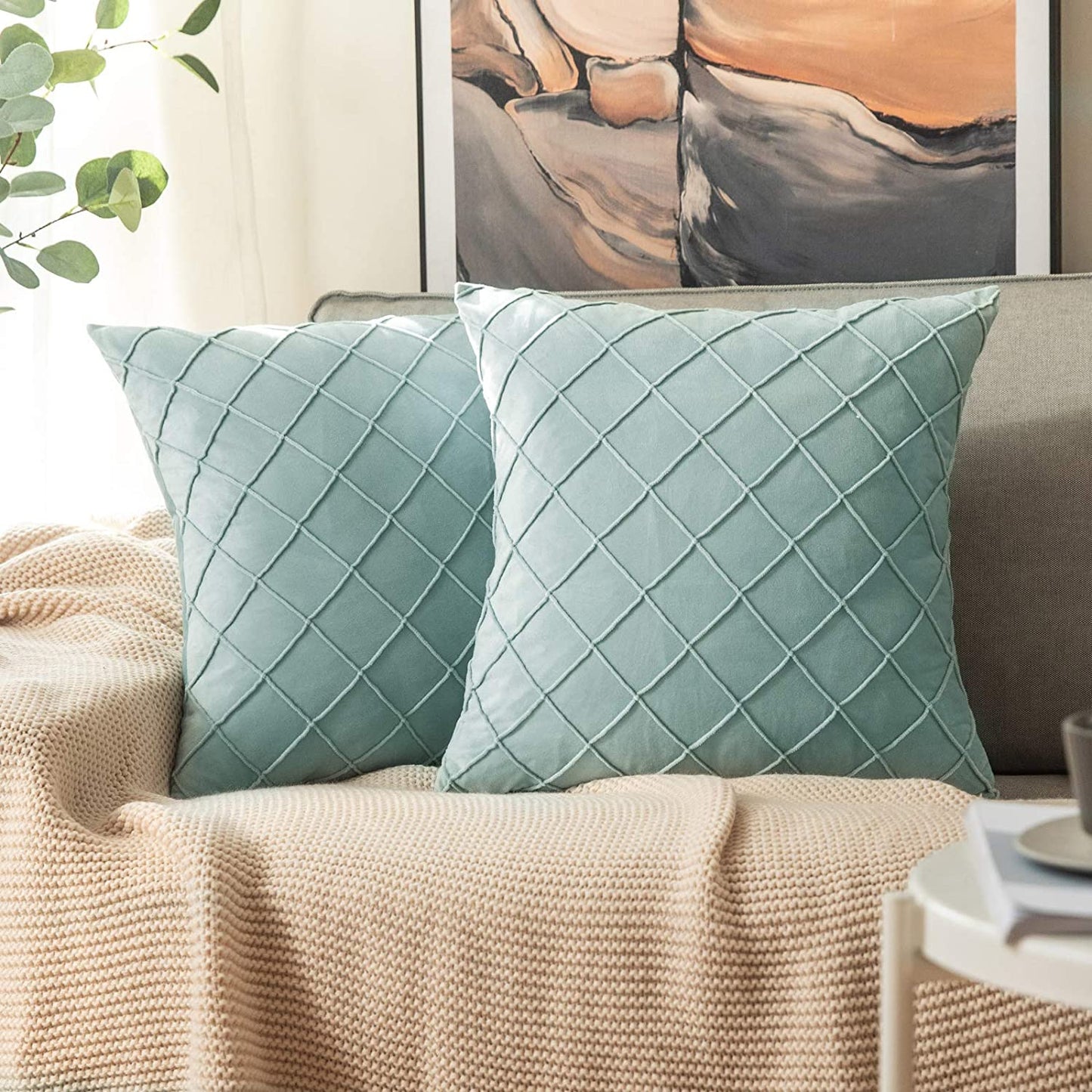 Velvet Throw Pillow Square Soft Couch Pillows Set of 2 (Inserts + Pillow Covers,Aqua Green)