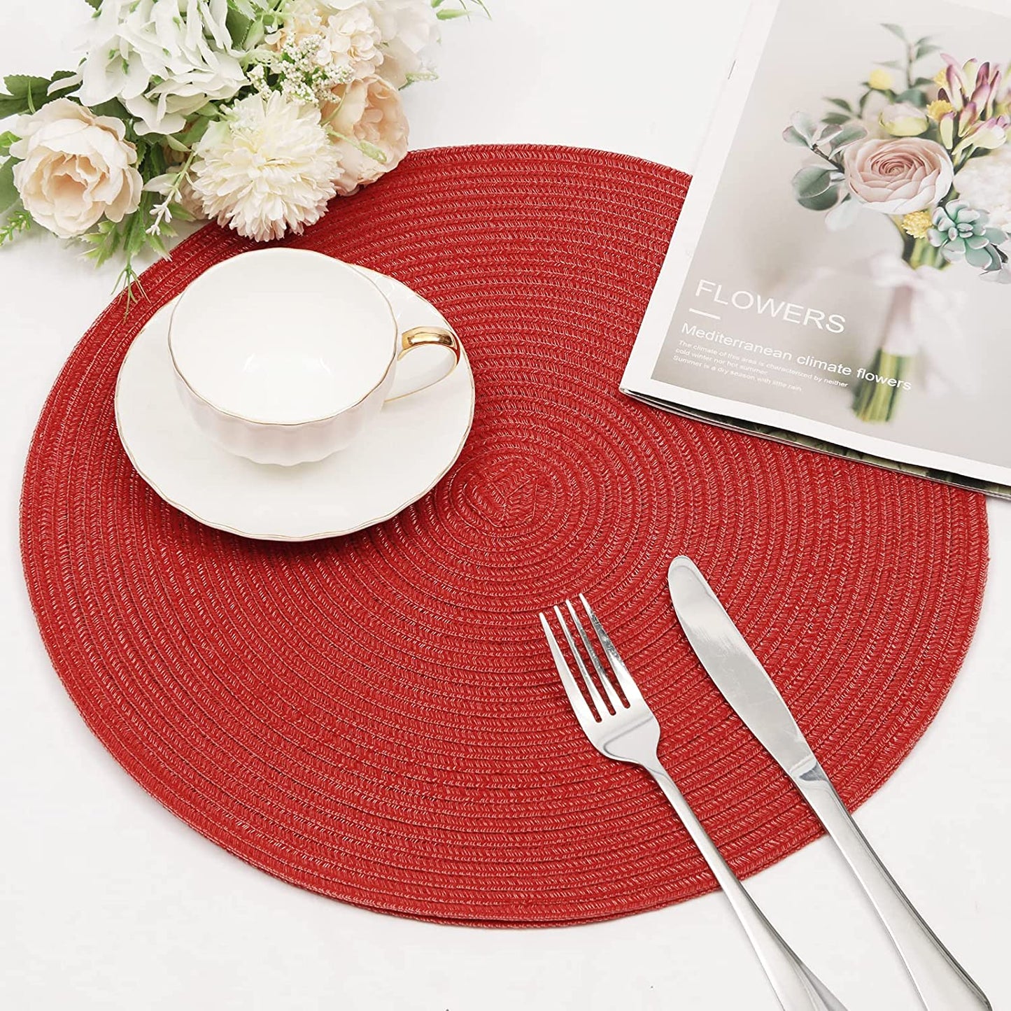 Round Placemats Set of 4/6/8 for Dining Tables 14 inch Cotton Braided Placemats Washable Reversible for Kitchen Holiday Party（Red）