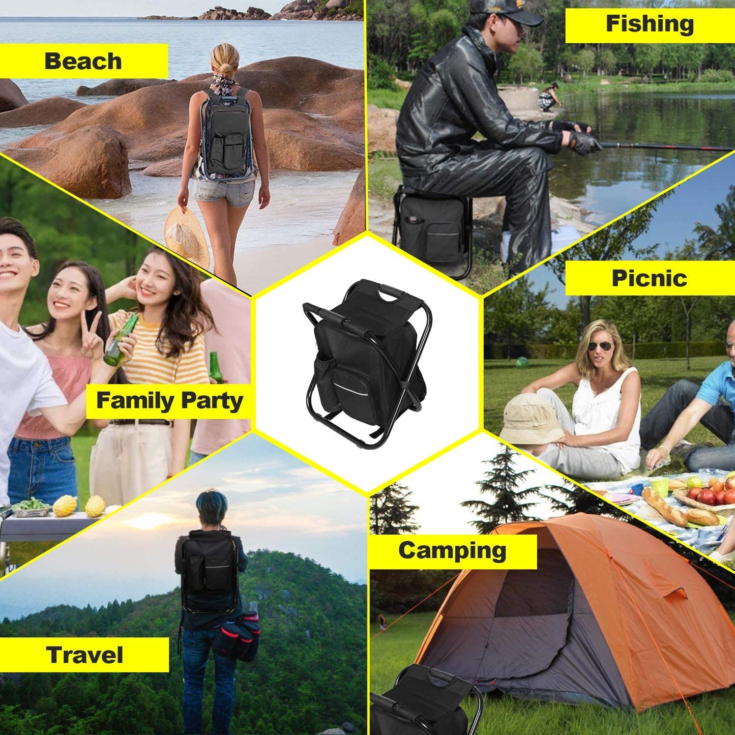 Backpack Cooler Chair ,Portable Folding Seat Stool, Lightweight Fishing Stool Outdoor Gear for Camping, Travel, Hiking, Beach, Picnic,400 LBS Capacity(Black)