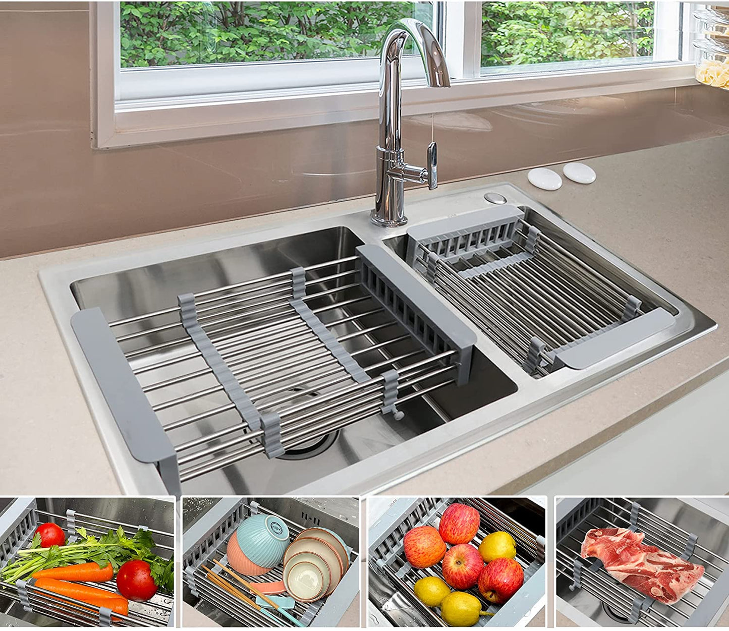 Stainless Steel Telescopic Dish Drying Rack, Telescopic Drain Basket with Adjustable Armrest for Fruits Vegetables Storage, Used for Kitchen Sink Items Storage and Drying