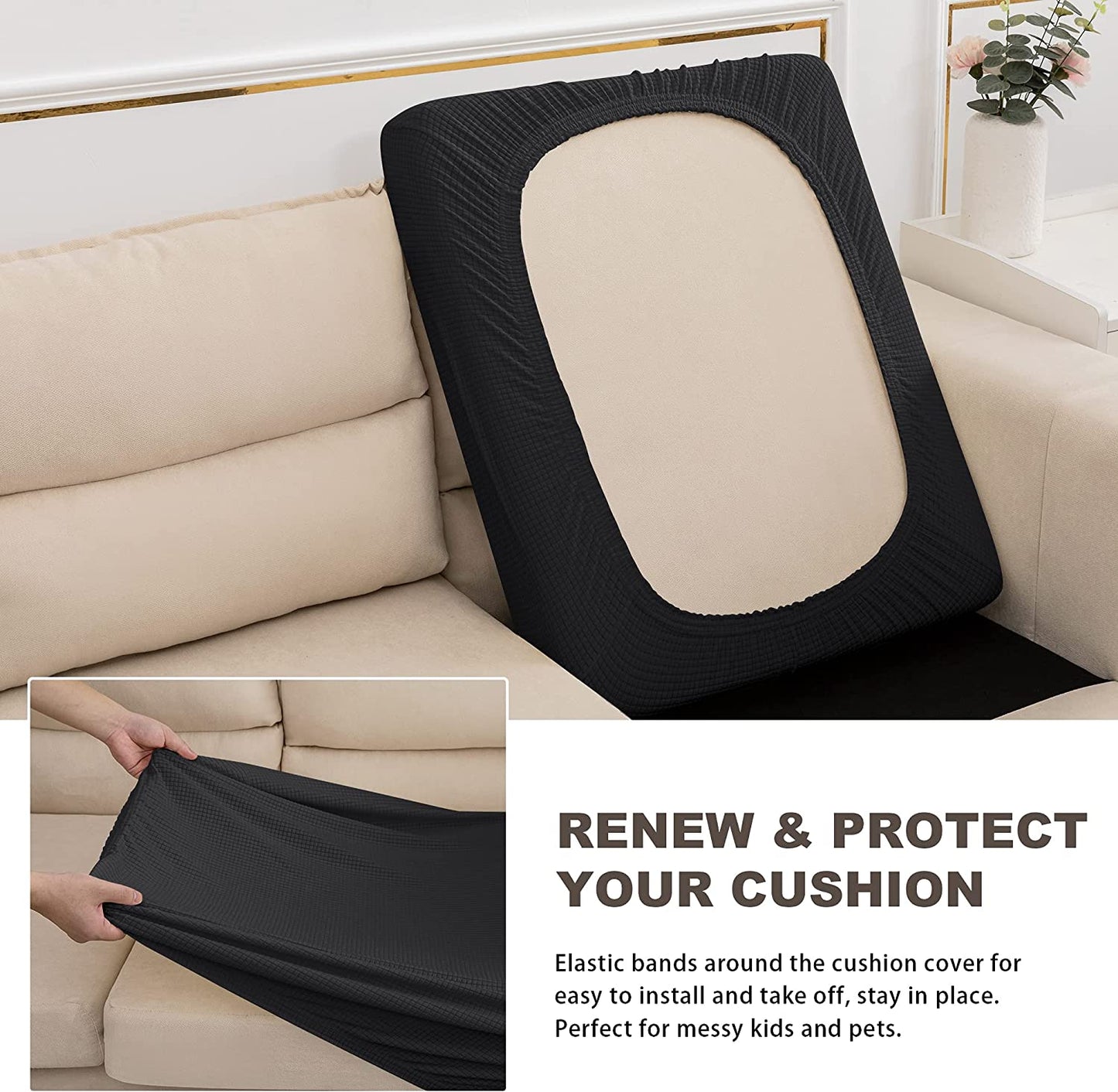 Water Repellent Sofa Couch Cushion Covers Sofa Seat Slipcover Suitable for 1/2/3 Setaer Furniture Protector, Non Slip Small Checks, Black