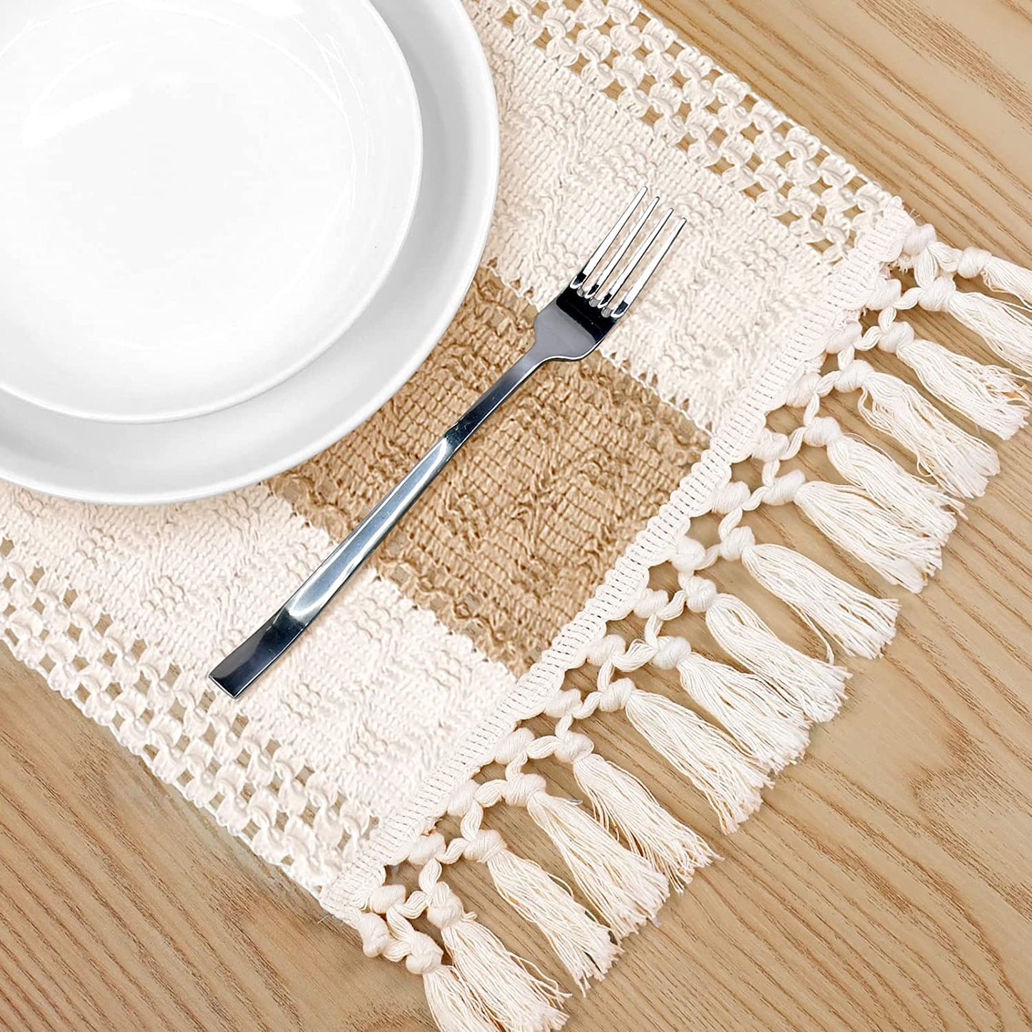Placemats Set of 4/6/8, Cream Beige Boho Place Mats with Tassels, Hand Woven Cotton and Burlap Splicing
