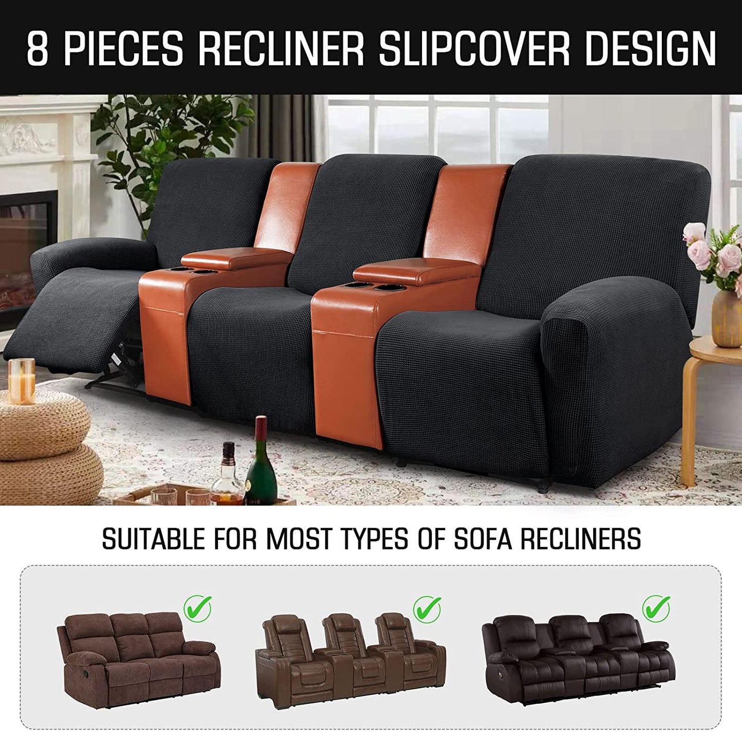 Recliner Sofa Covers Stretch for 1/2/3 Seats Jacquard Pattern Furniture Protector, Black