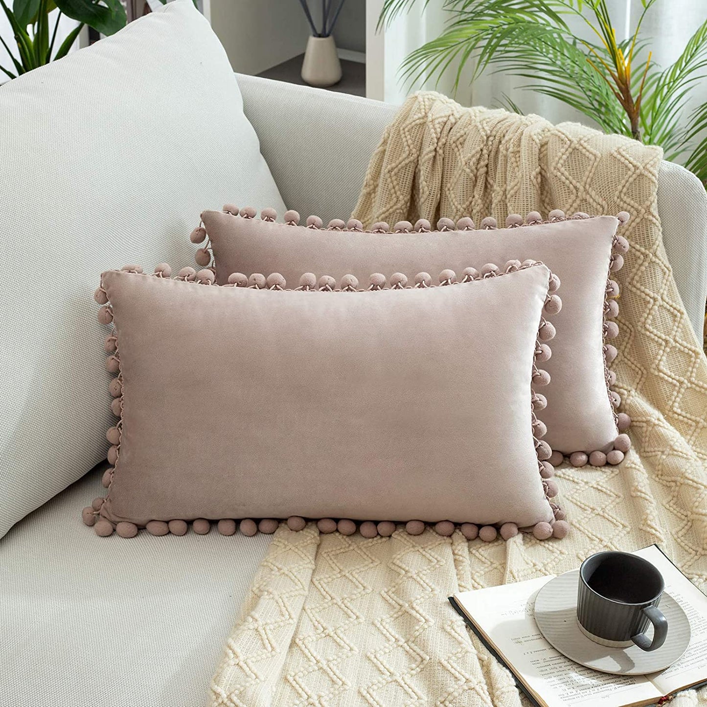 2x  Square Throw Pillows with Cute Pom-poms (Inserts + Pillow Covers, Pink Mix Grey)