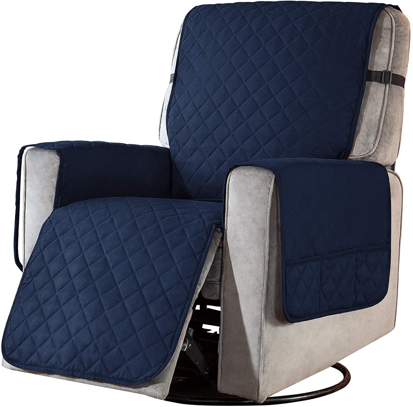 Recliner Chair Covers Fitted Recliner Sofa Slipcovers Reversible Washable Recliner Chair Protector with Elastic Adjustable Strap, Navy/White