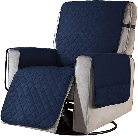 Recliner Chair Covers Fitted Recliner Sofa Slipcovers Reversible Washable Recliner Chair Protector with Elastic Adjustable Strap, Navy/White