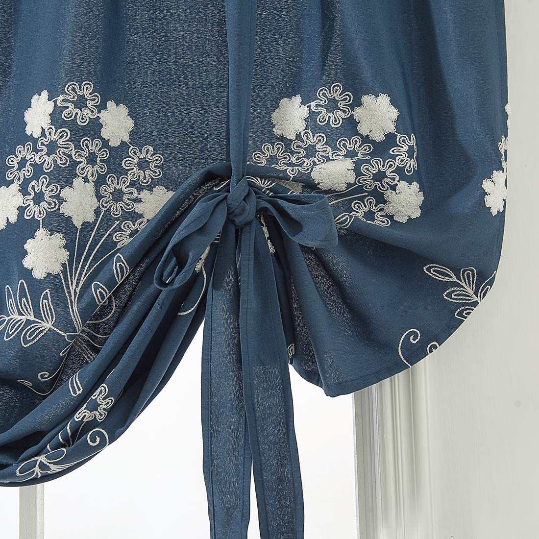 Floral Embroidered Farmhouse Tie Up Shade Curtain Rod Pocket 1 Piece, Navy