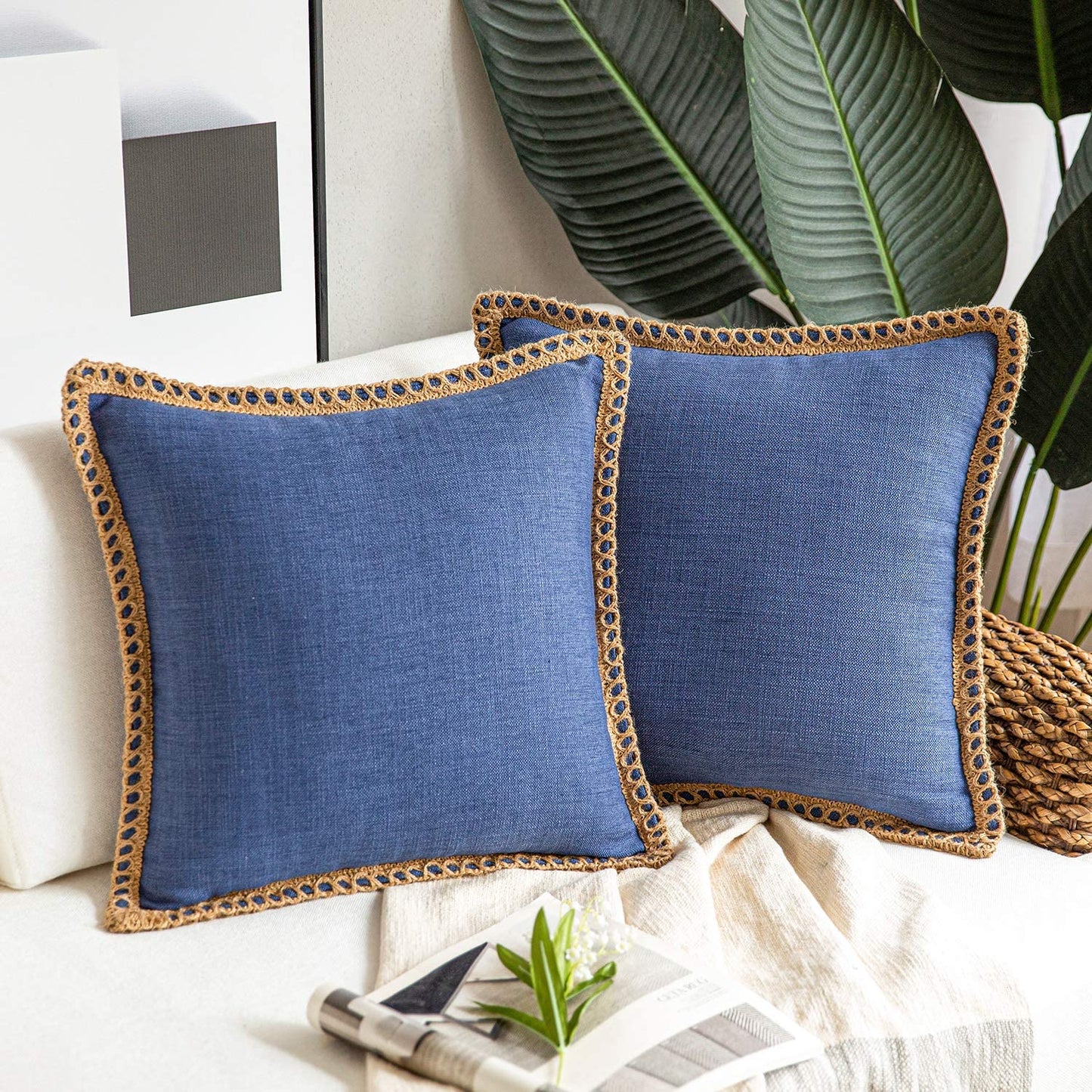 Pack of 2 Farmhouse Decorative Throw Pillow Covers Burlap Linen Trimmed Tailored Edges ,for Couch Sofa Living Room Decor - Navy