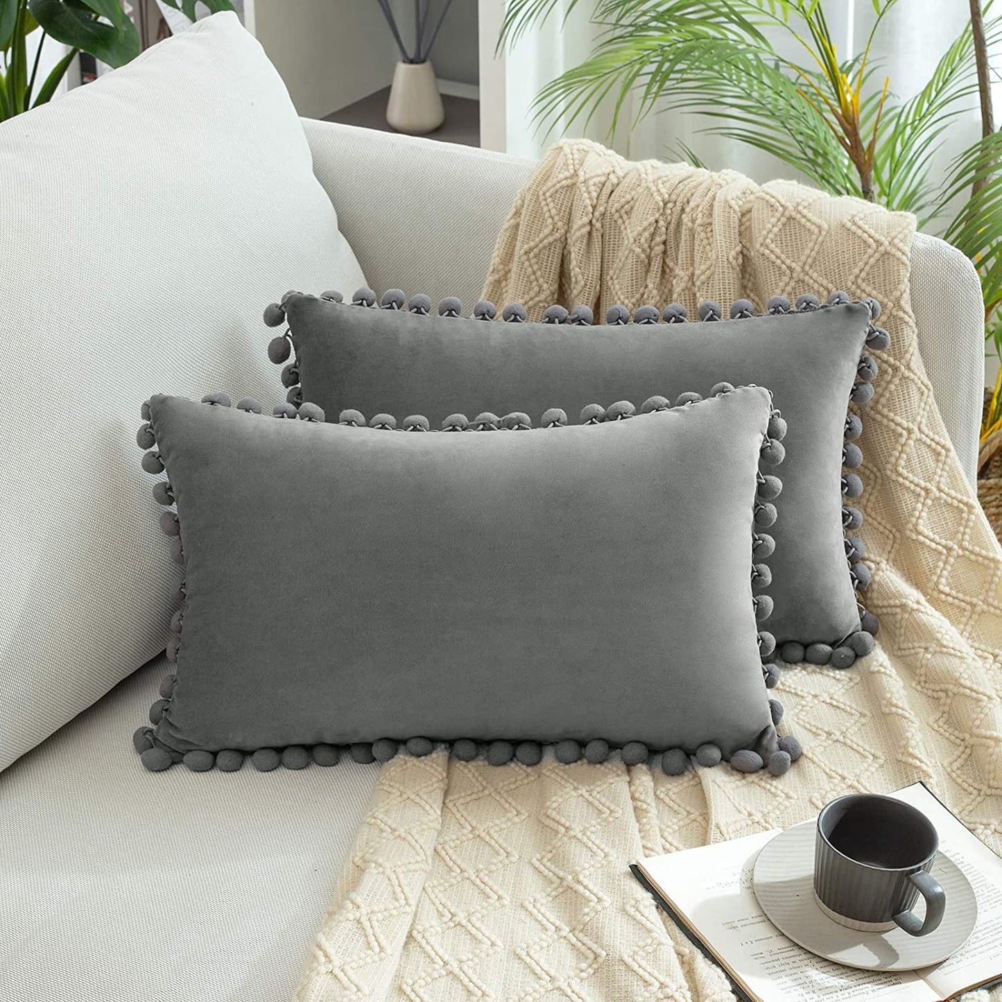 2x  Square Throw Pillows with Cute Pom-poms for Couch Sofa Bedroom Decor (Inserts + Pillow Covers, Grey)