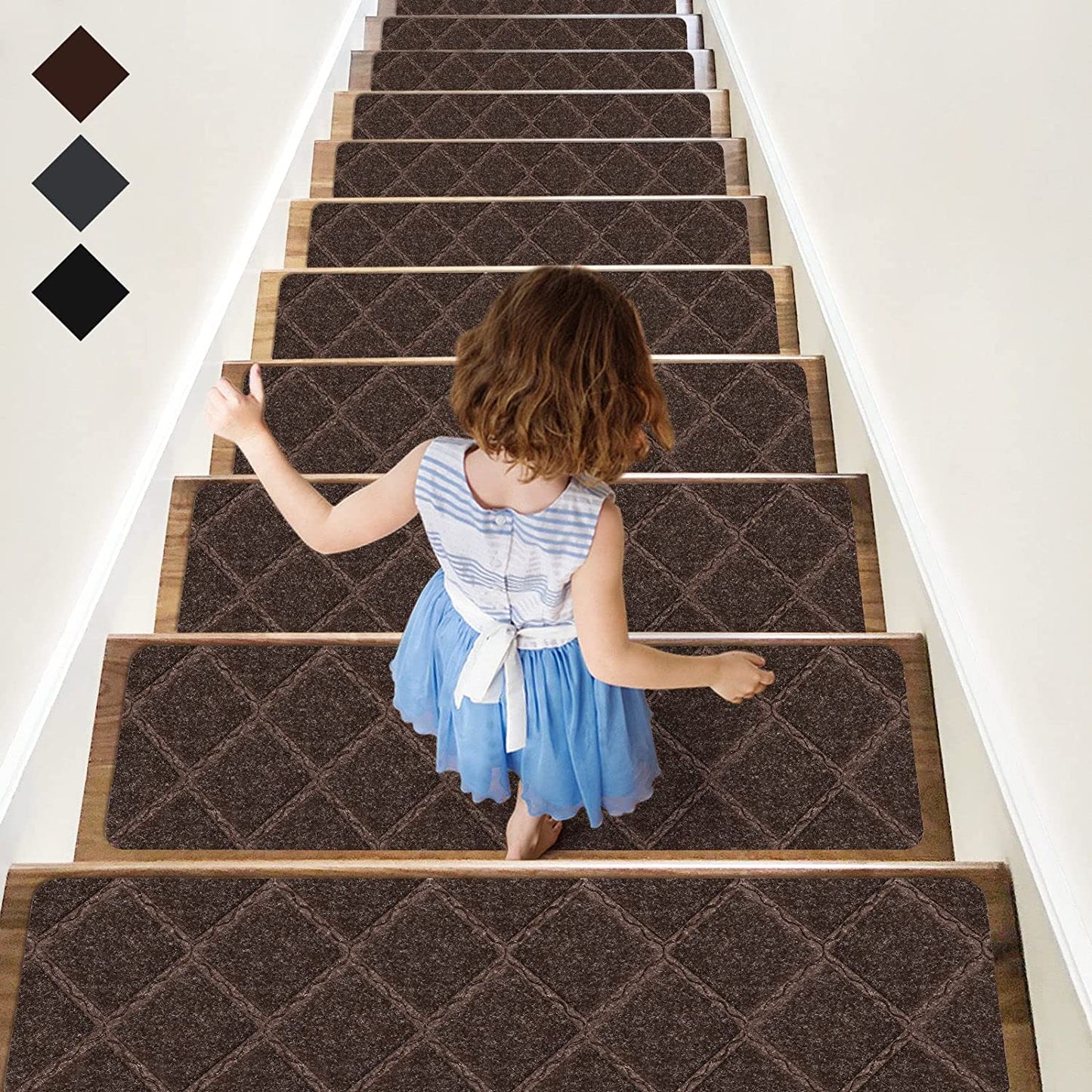 Stair Treads Carpet Non-Slip Indoor Stair Runners for Wooden Steps, Stair Rugs for Kids and Dogs, Set of 15, 8" X 30",Diamond Brown