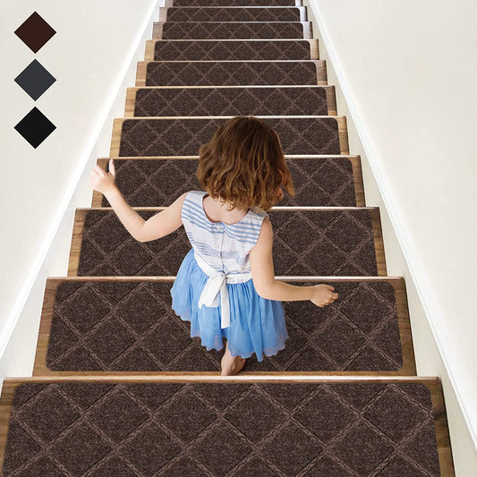 Stair Treads Carpet Non-Slip Indoor Stair Runners for Wooden Steps, Stair Rugs for Kids and Dogs, Set of 15, 8" X 30",Diamond Brown