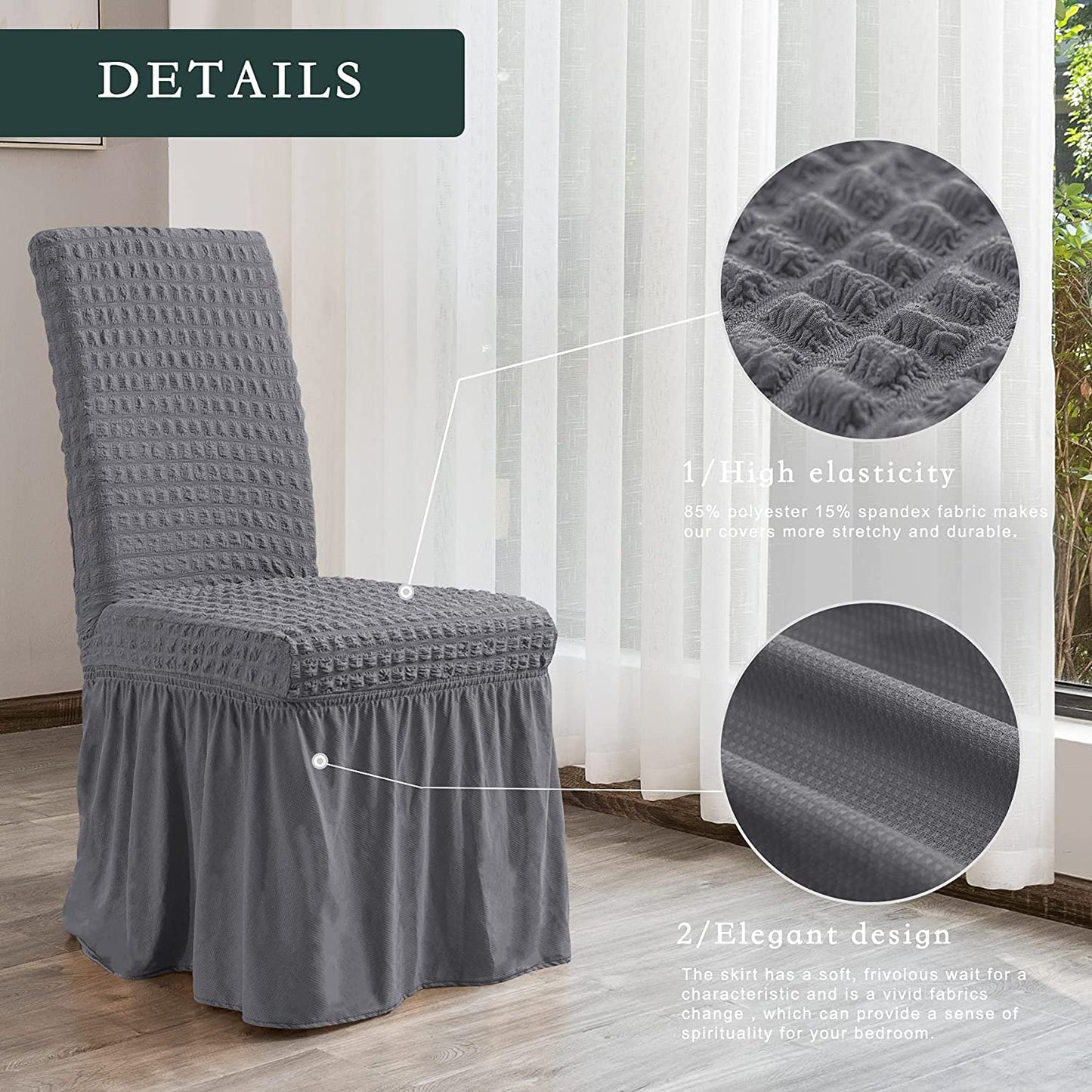 Stretchy Dining Room Chair Covers with Long Skirt, Suitable for families, parties, dirt resistant ,Set of 2/4/6/8 PCS,Grey