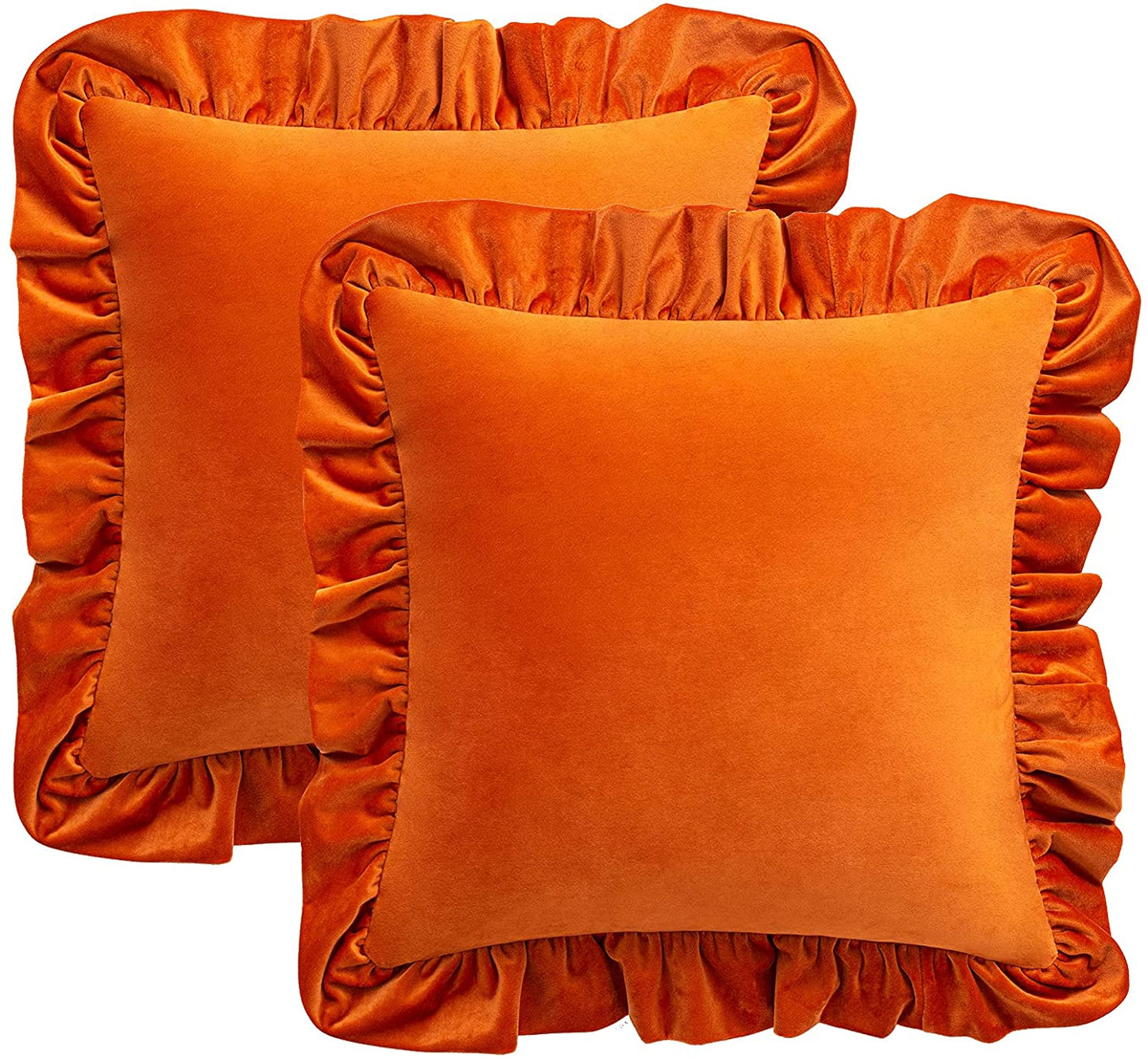 Pack of 2 Velvet Throw Pillow Covers with Ruffle, for Couch Sofa Living Room Decor(Inserts + Pillow Covers)-Orange