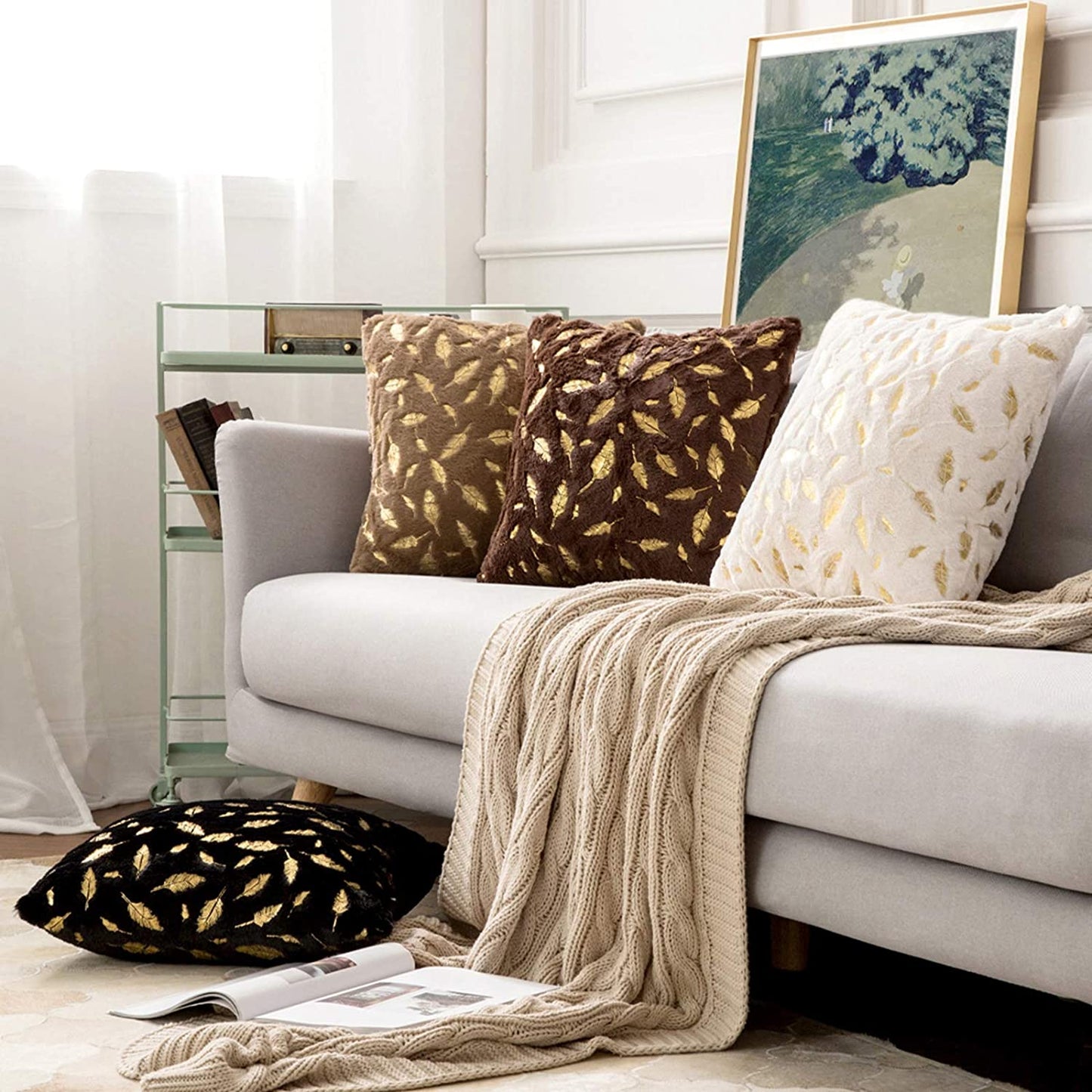 2x Square Throw Pillows Decorative Faux Fur Gold Feathers Gilding Leaves Cushion Cases Soft Fluffy(Inserts + Pillow Covers,White)