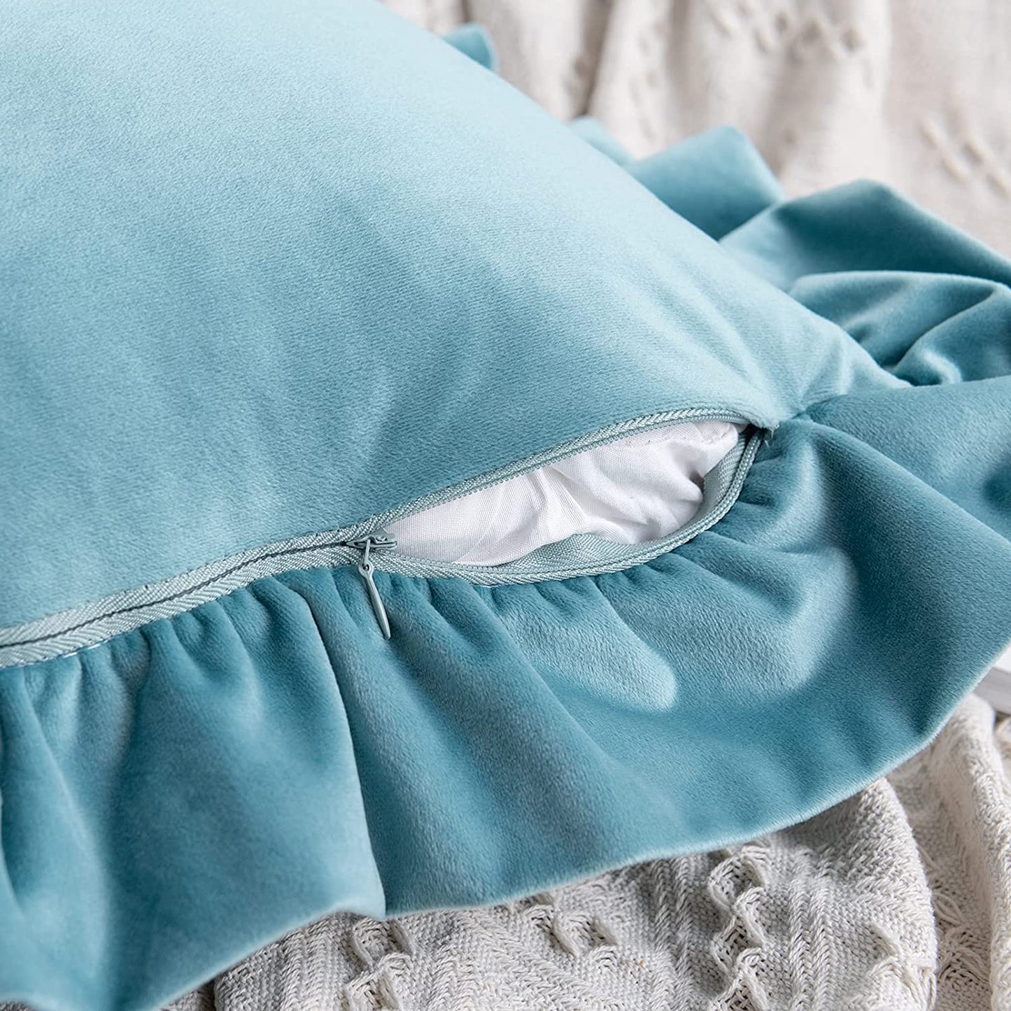 Pack of 2 Velvet Throw Pillow Covers with Ruffle, for Couch Sofa Living Room Decor(Inserts + Pillow Covers)- Aqua Green