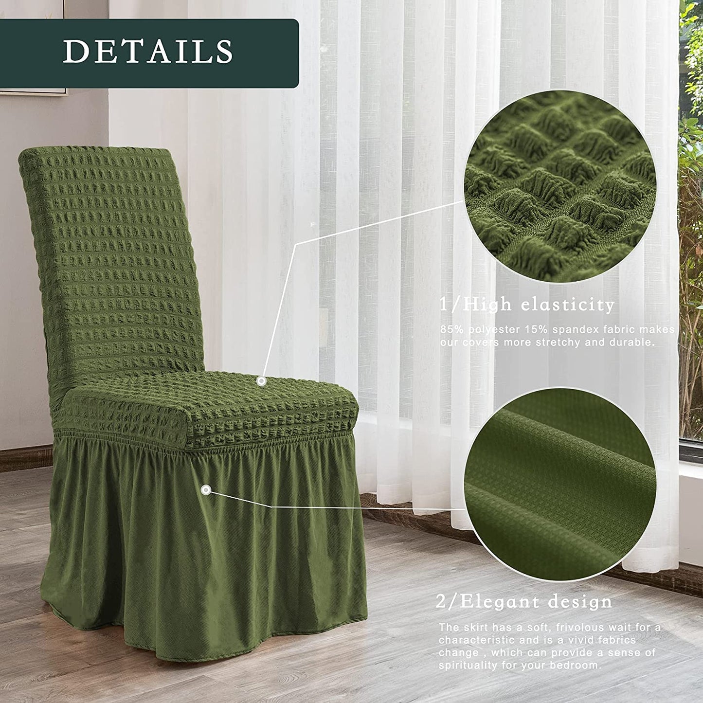 Stretchy Dining Room Chair Covers with Long Skirt, Suitable for families, parties, dirt resistant ,Set of 2/4/6/8 PCS,Green